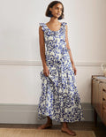 Robe longue volantée à col en U-Océan Atlantique, motif Abstract Petal