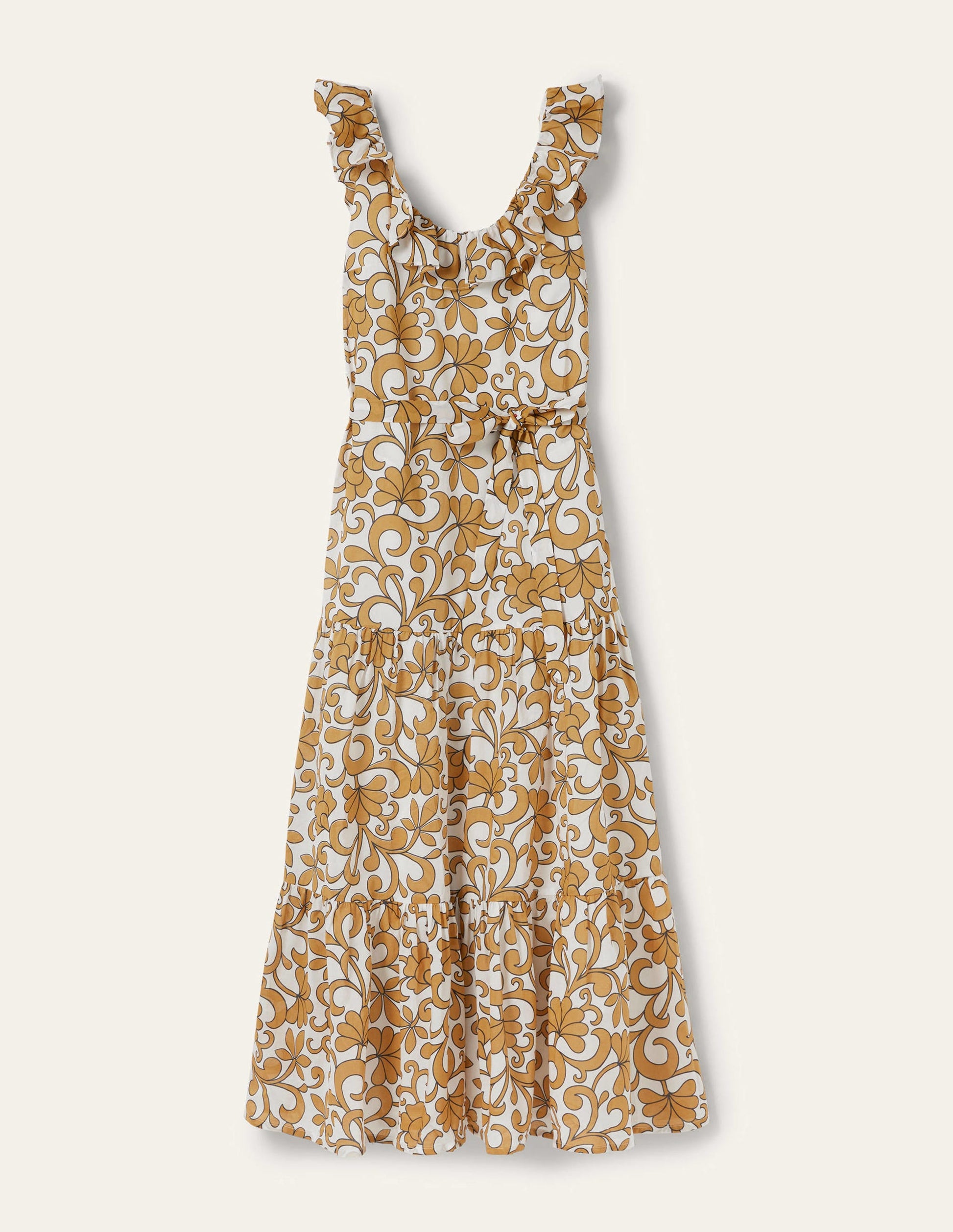 Maxikleid mit Rüschen am Rundhalsausschnitt-Briochebraun, Abstraktes Blütenmuster-10