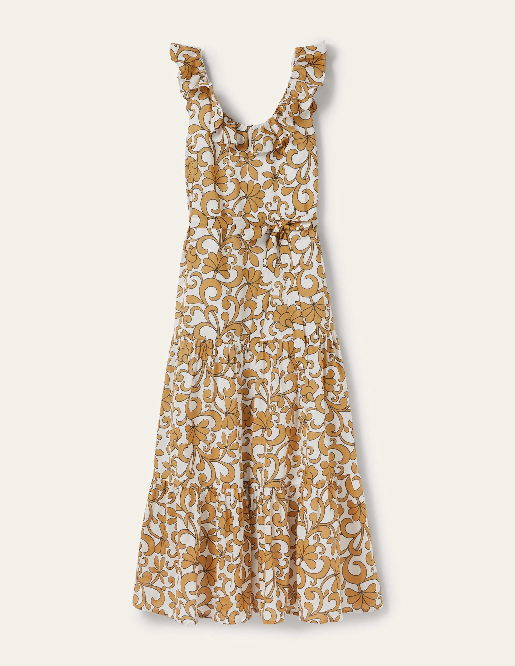 Maxikleid mit Rüschen am Rundhalsausschnitt-Briochebraun, Abstraktes Blütenmuster - Image 10
