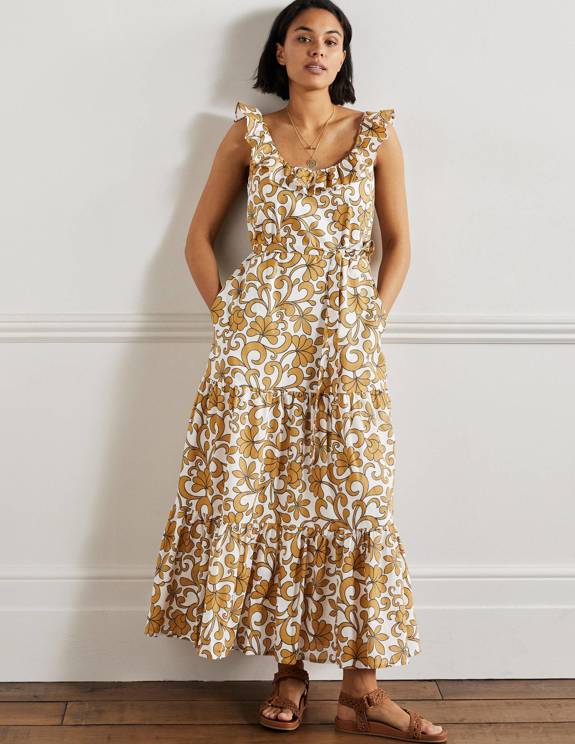 Maxikleid mit Rüschen am Rundhalsausschnitt-Briochebraun, Abstraktes Blütenmuster-5