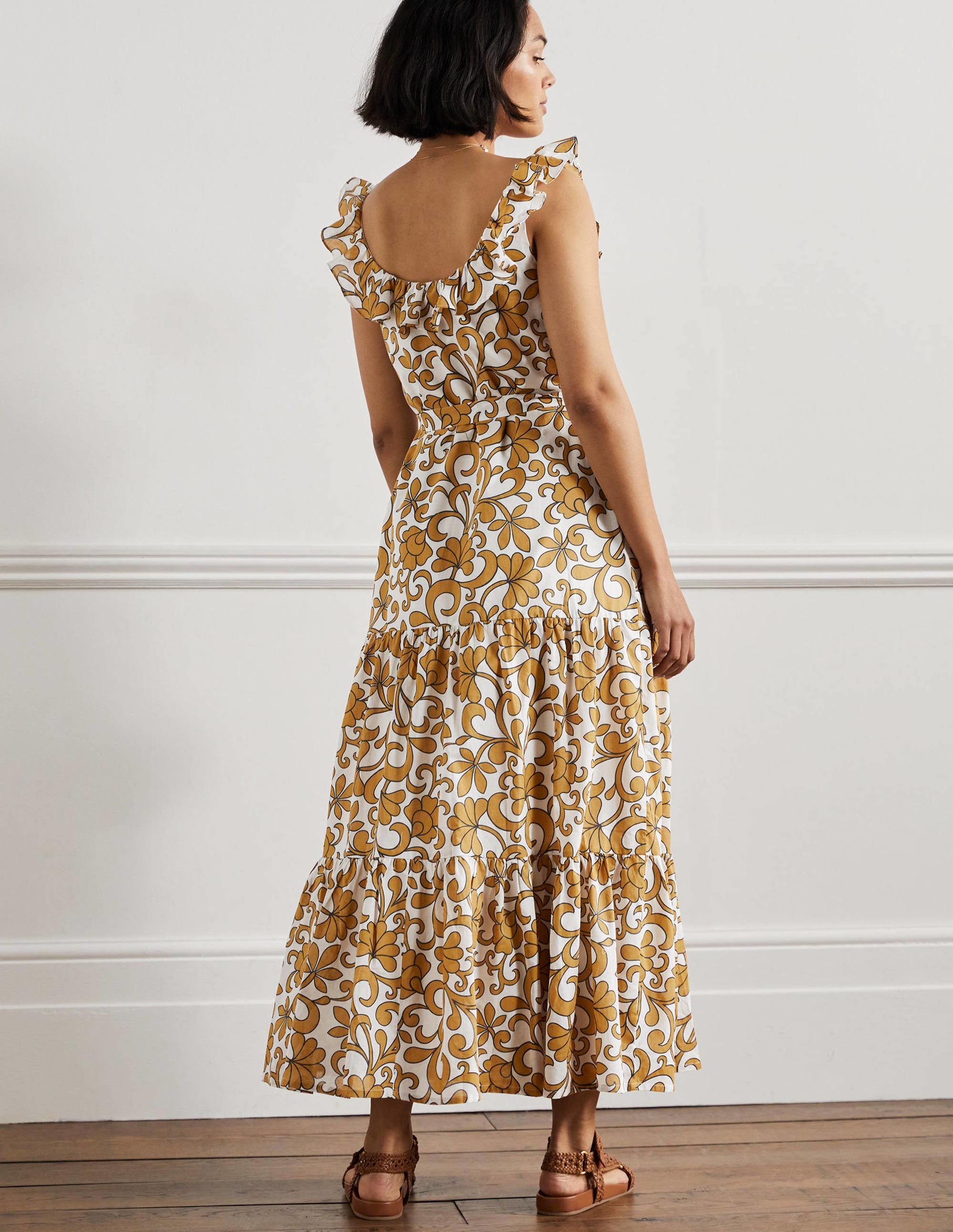 Maxikleid mit Rüschen am Rundhalsausschnitt-Briochebraun, Abstraktes Blütenmuster - Image 7