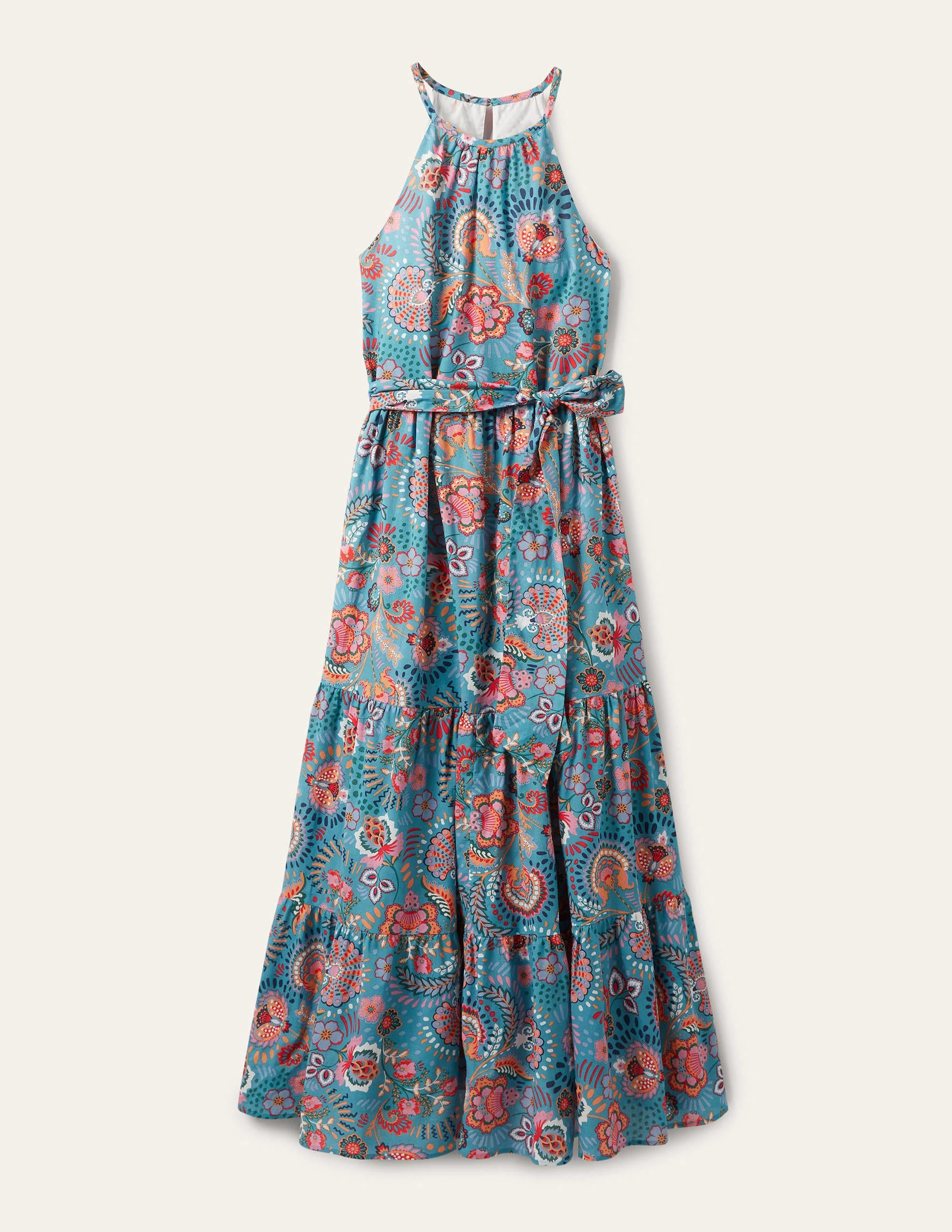 Gestuftes Neckholder-Maxikleid-Ritterspornblau, Dekoratives Wiesenmuster - Image 6