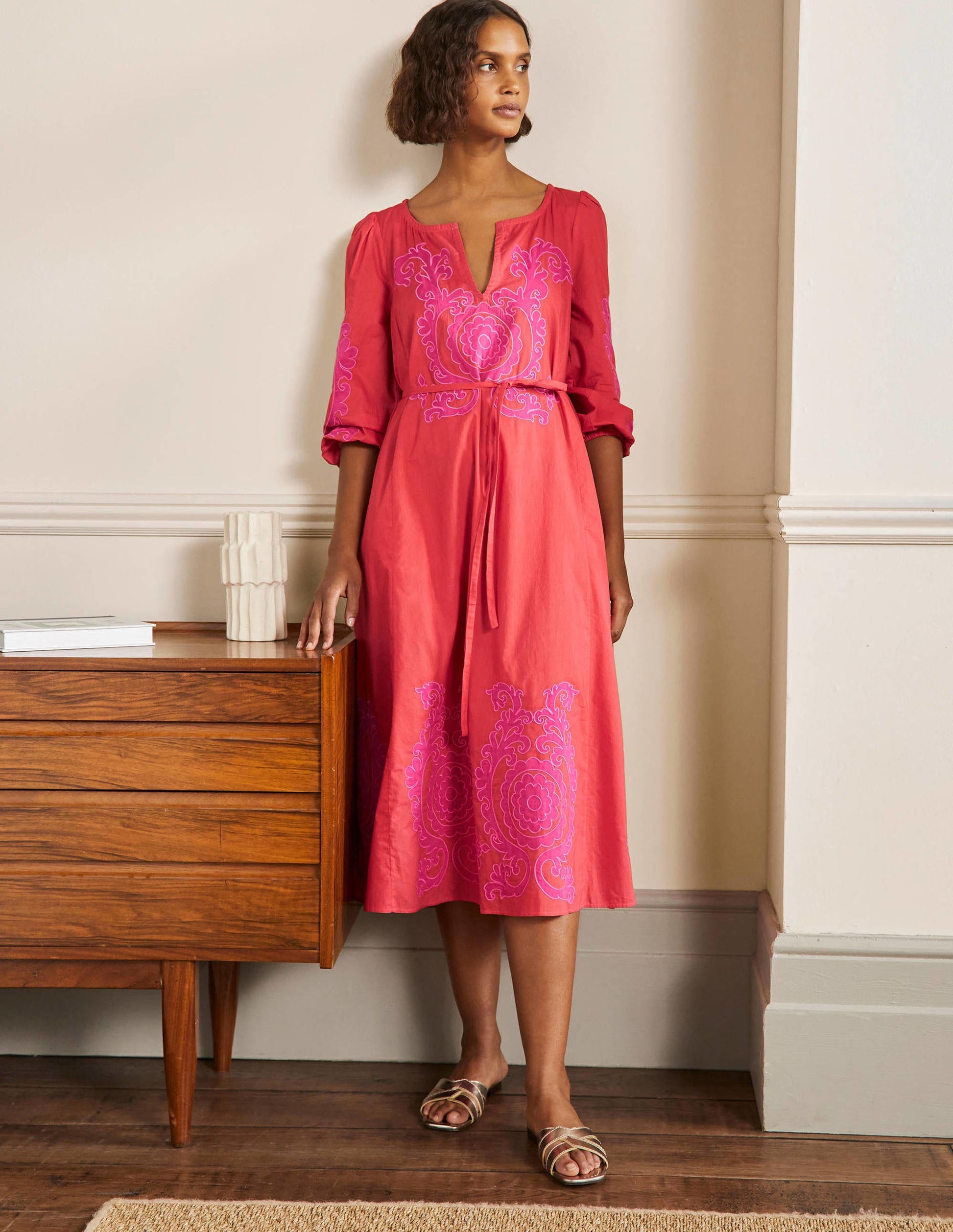Robe midi à appliqué-Papaye vif-1