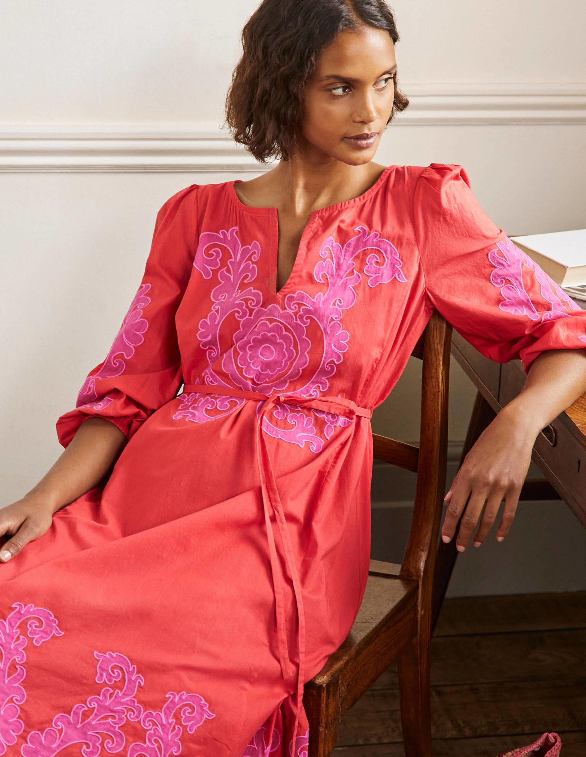 Robe midi à appliqué-Papaye vif-4