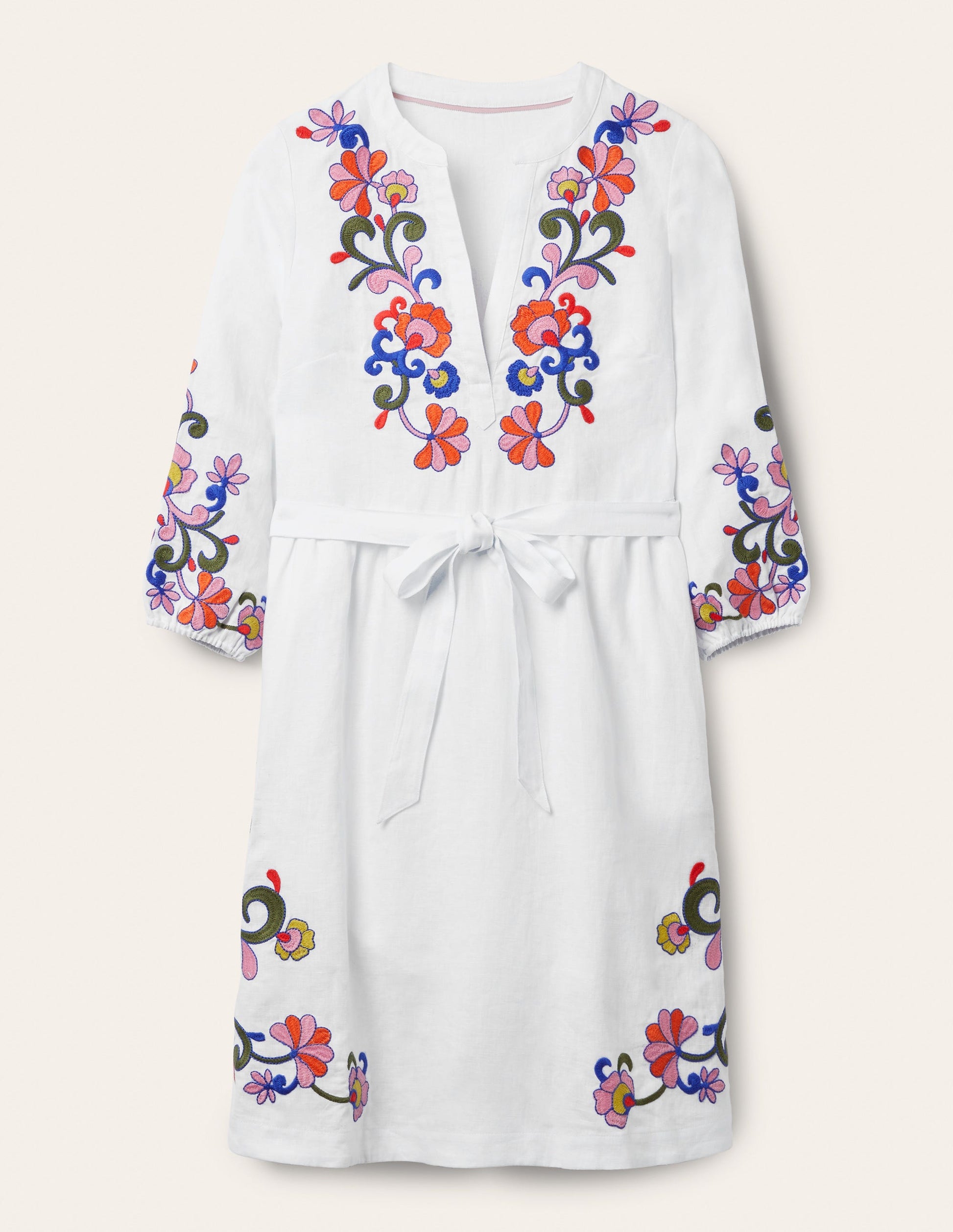 Robe brodée en lin-Blanc-7