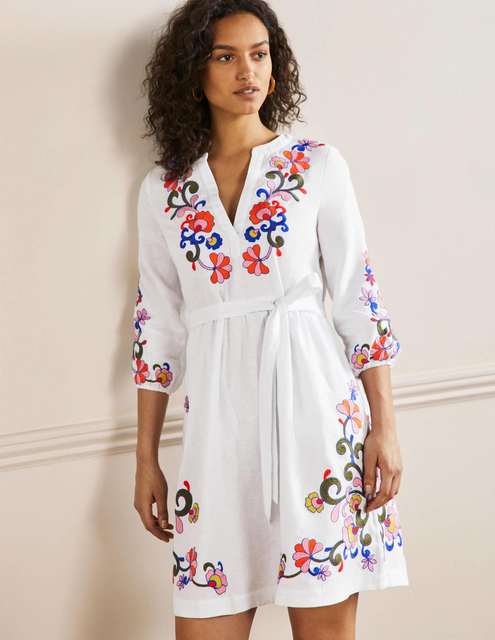 Robe brodée en lin-Blanc - Image 1