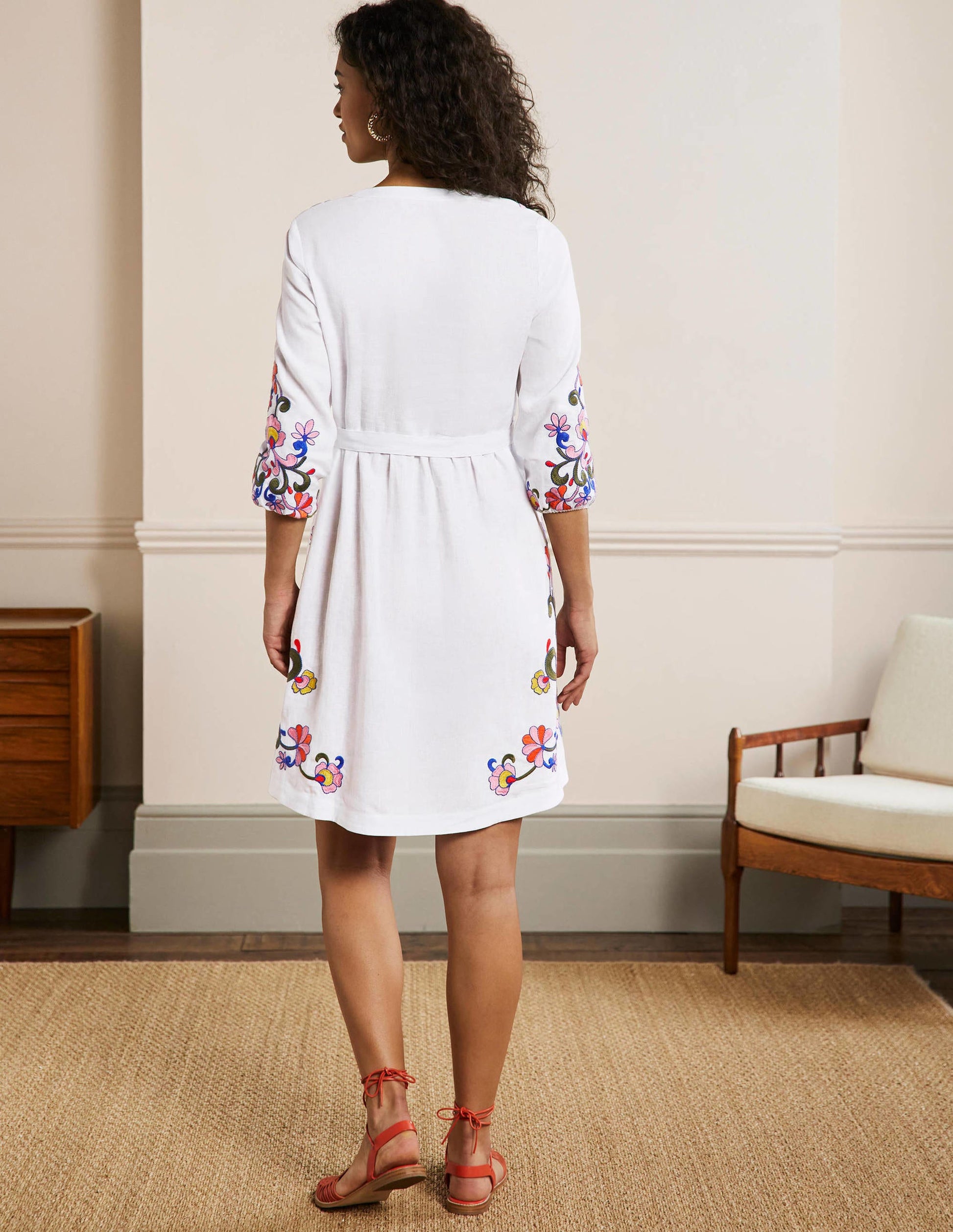Robe brodée en lin-Blanc-3