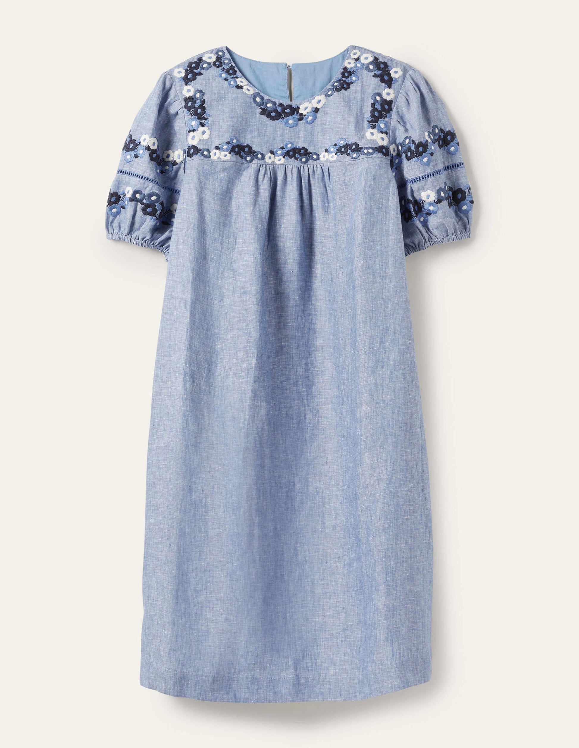 Embroidered Linen Shift Dress-Chambray-5
