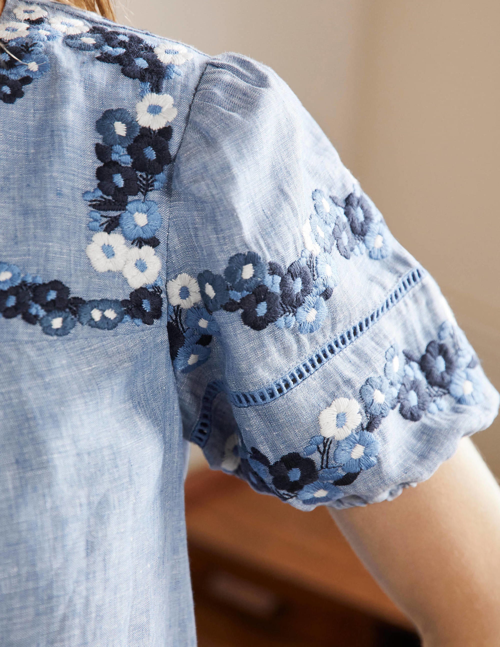 Embroidered Linen Shift Dress-Chambray - Image 2