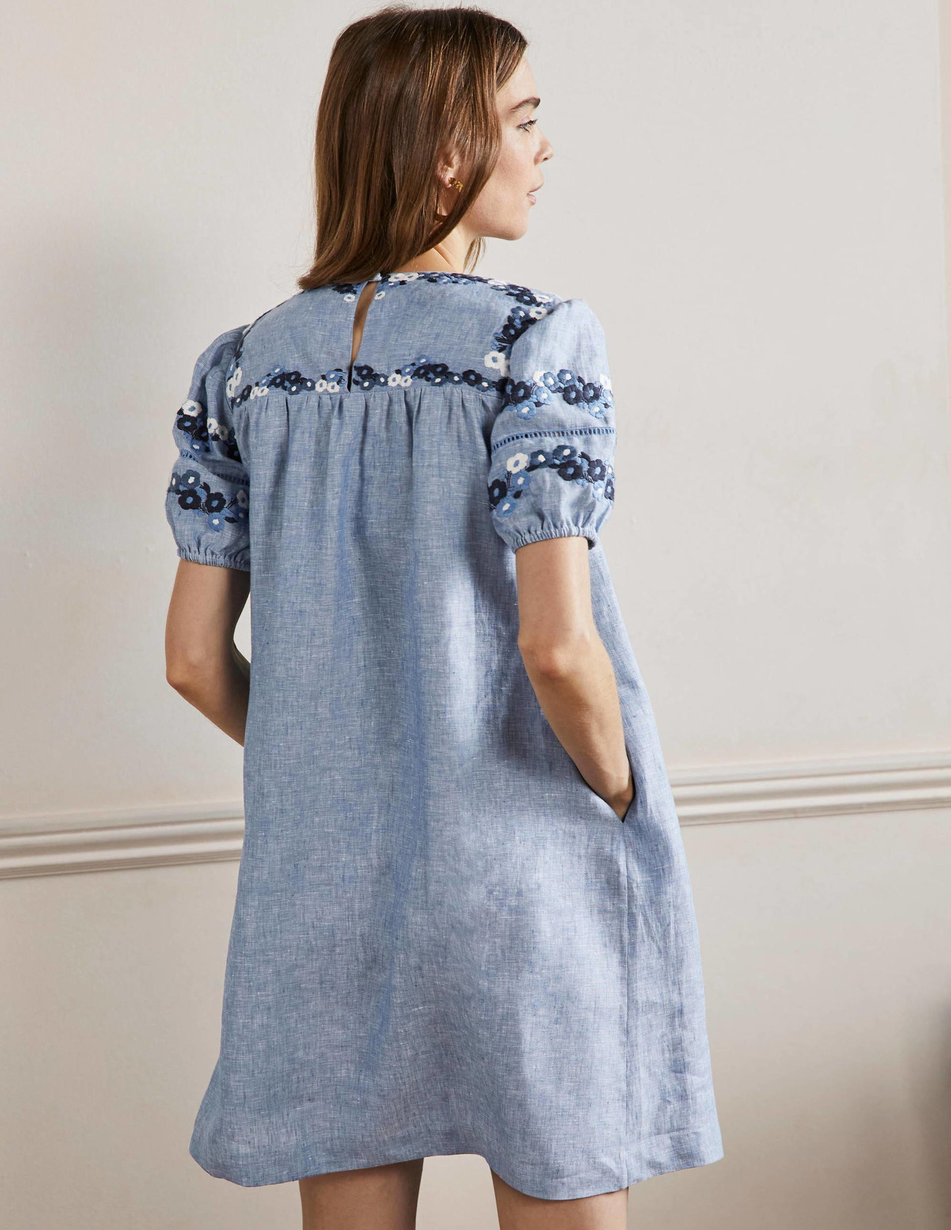 Embroidered Linen Shift Dress-Chambray-3