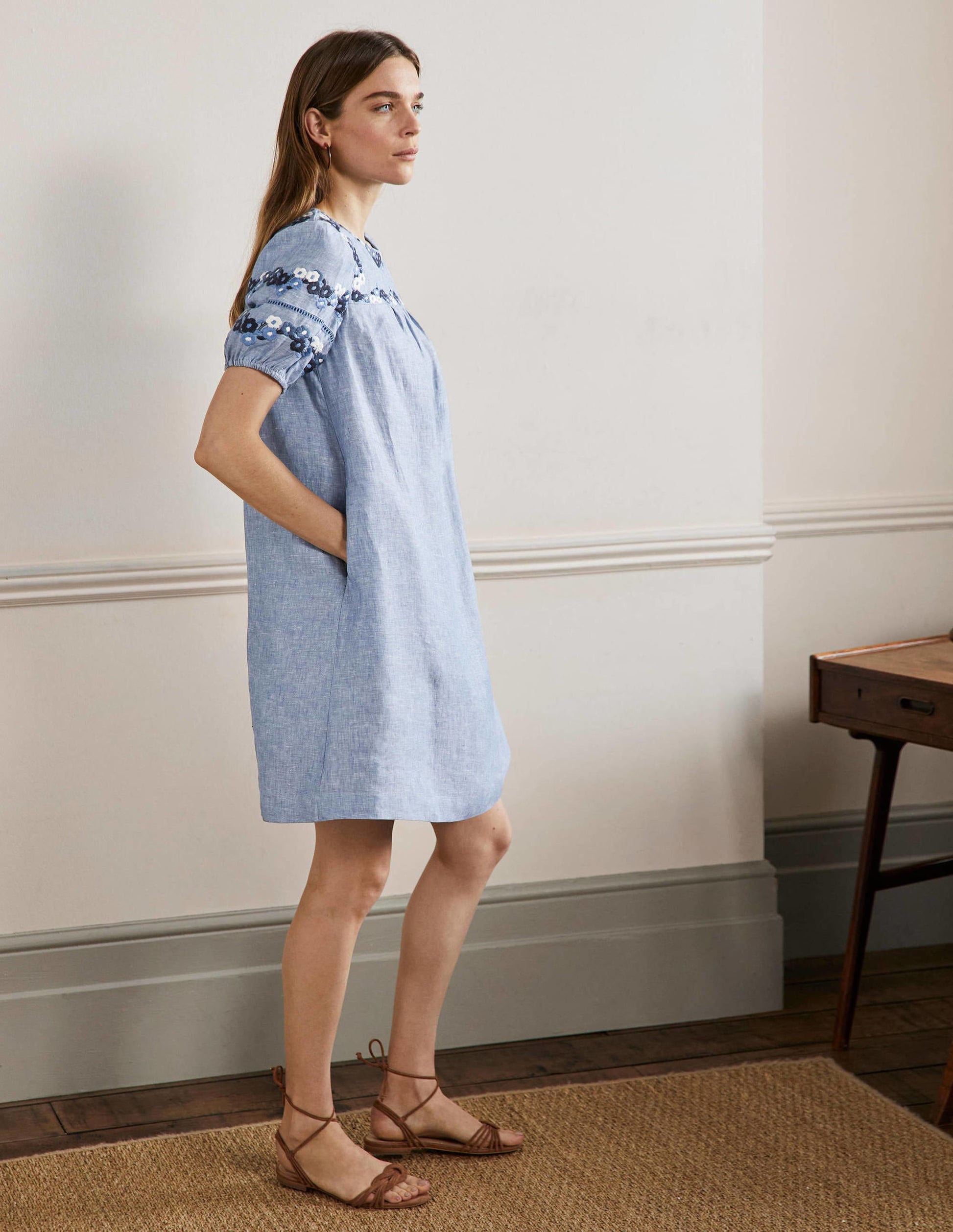 Embroidered Linen Shift Dress-Chambray-4