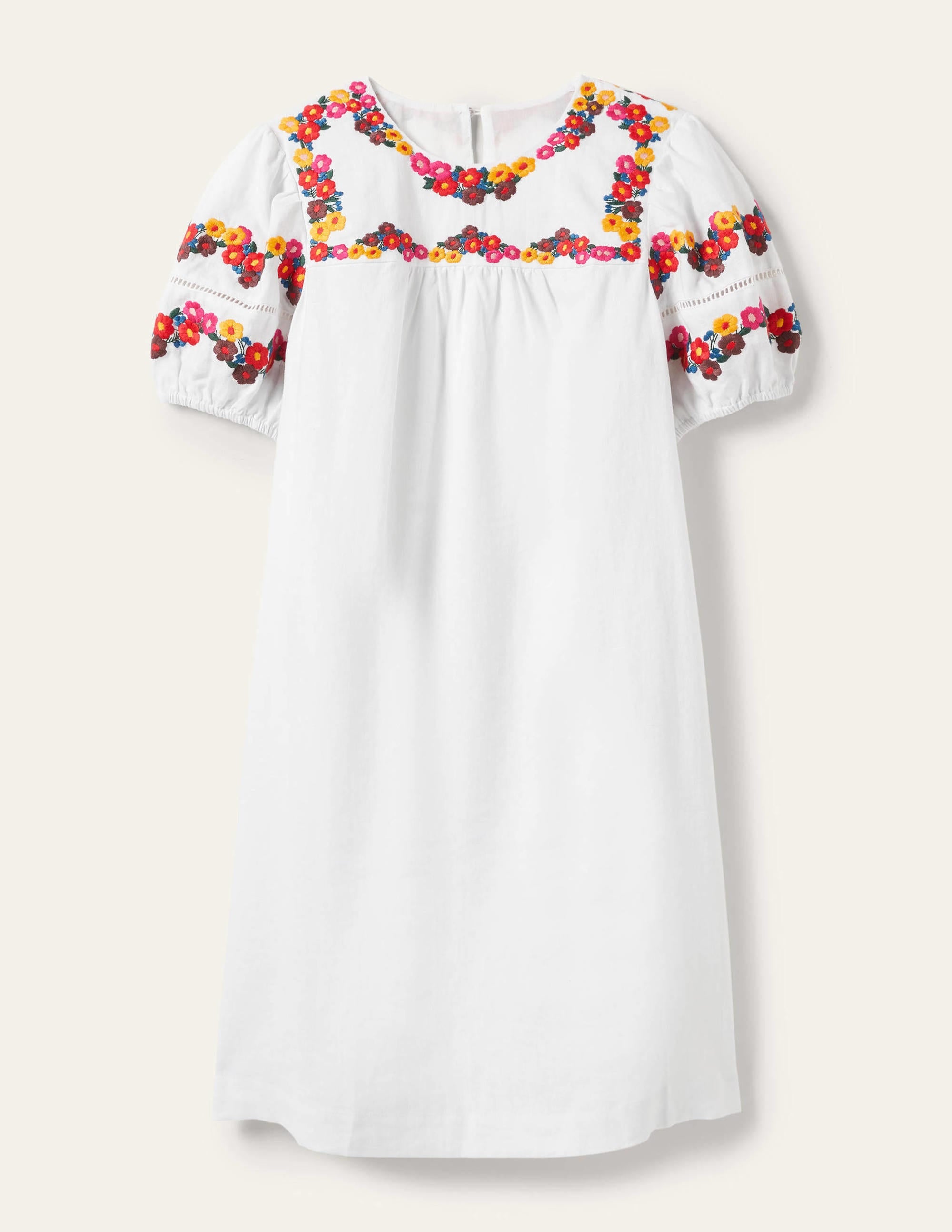 Embroidered Linen Shift Dress-White - Image 8