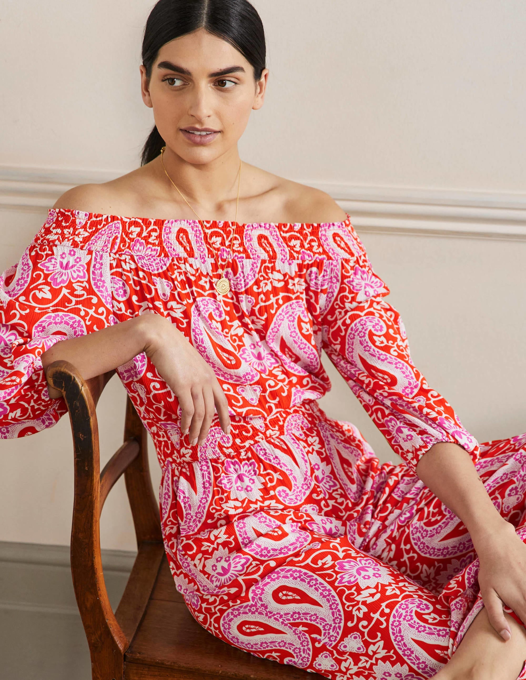 Schulterfreier Jumpsuit-Papayaorange, Bezauberndes Paisleymuster - Image 4