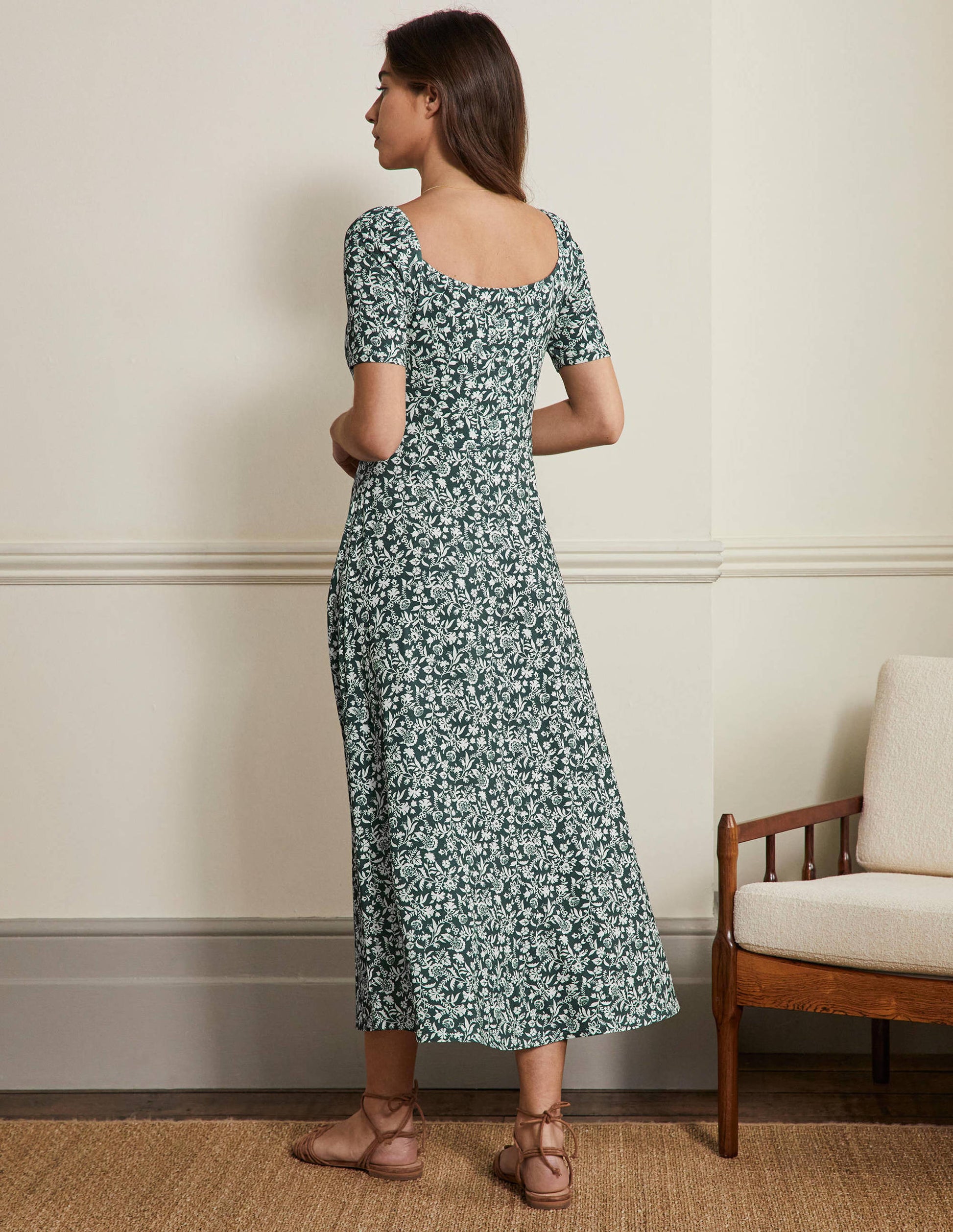 Jersey-Midikleid mit Herzausschnitt-Olivgrün, Hübsches Blumenmuster-3