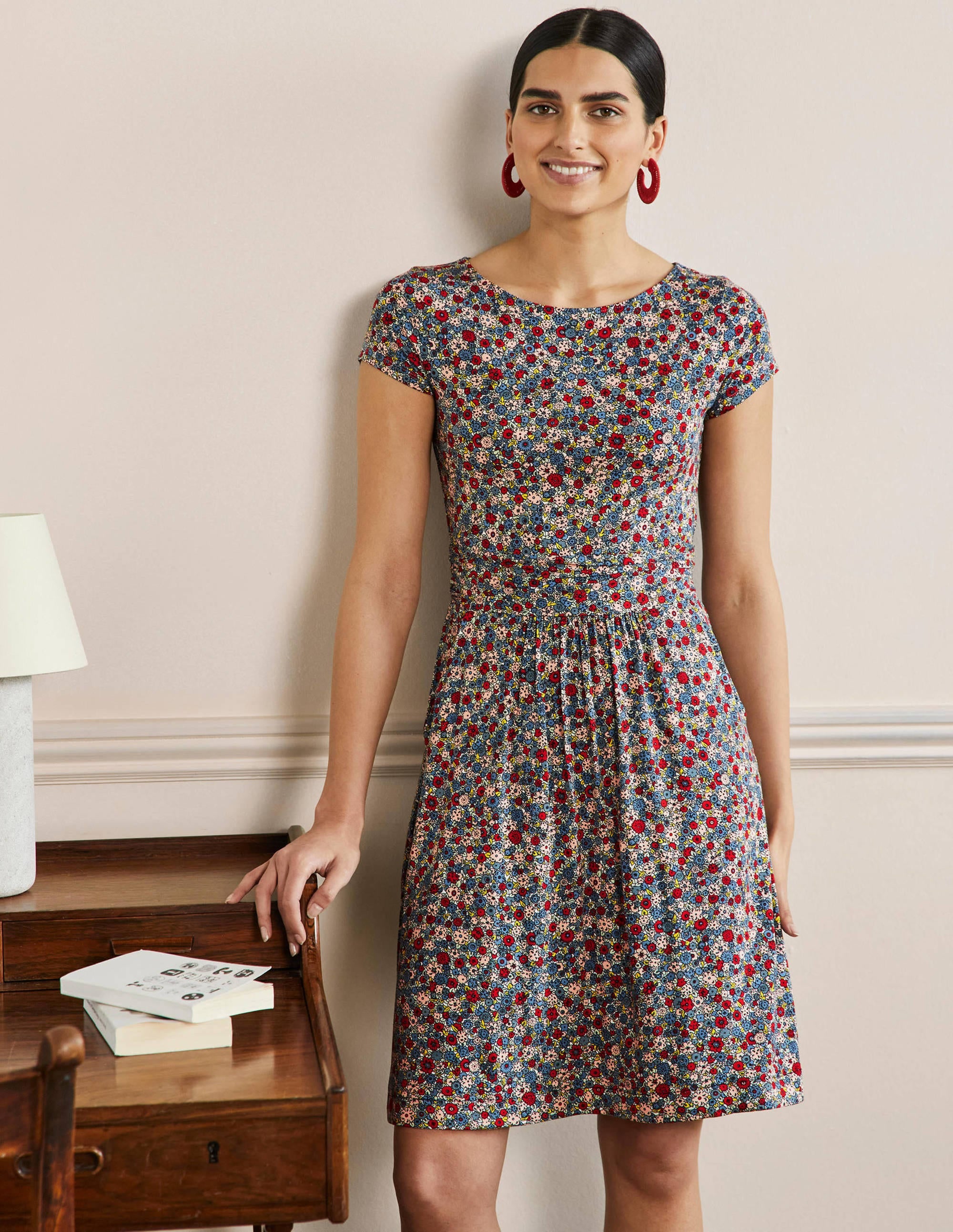 Robe Amelie en jersey-Bleu Côte d'Azur, motif Floret Cluster - Image 1