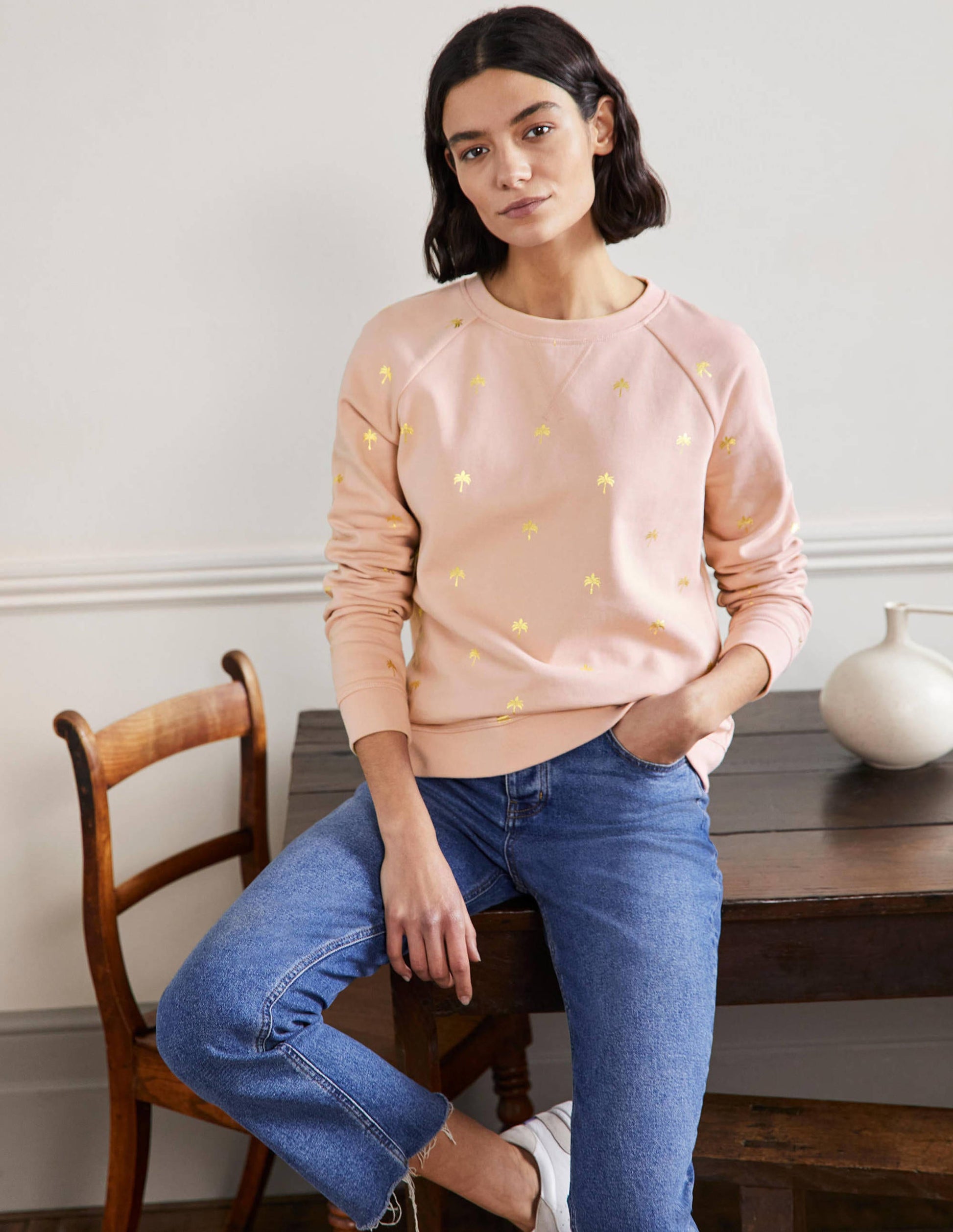 Sweat en coton imprimé-Milkshake/doré, motif Paradise Palm-1