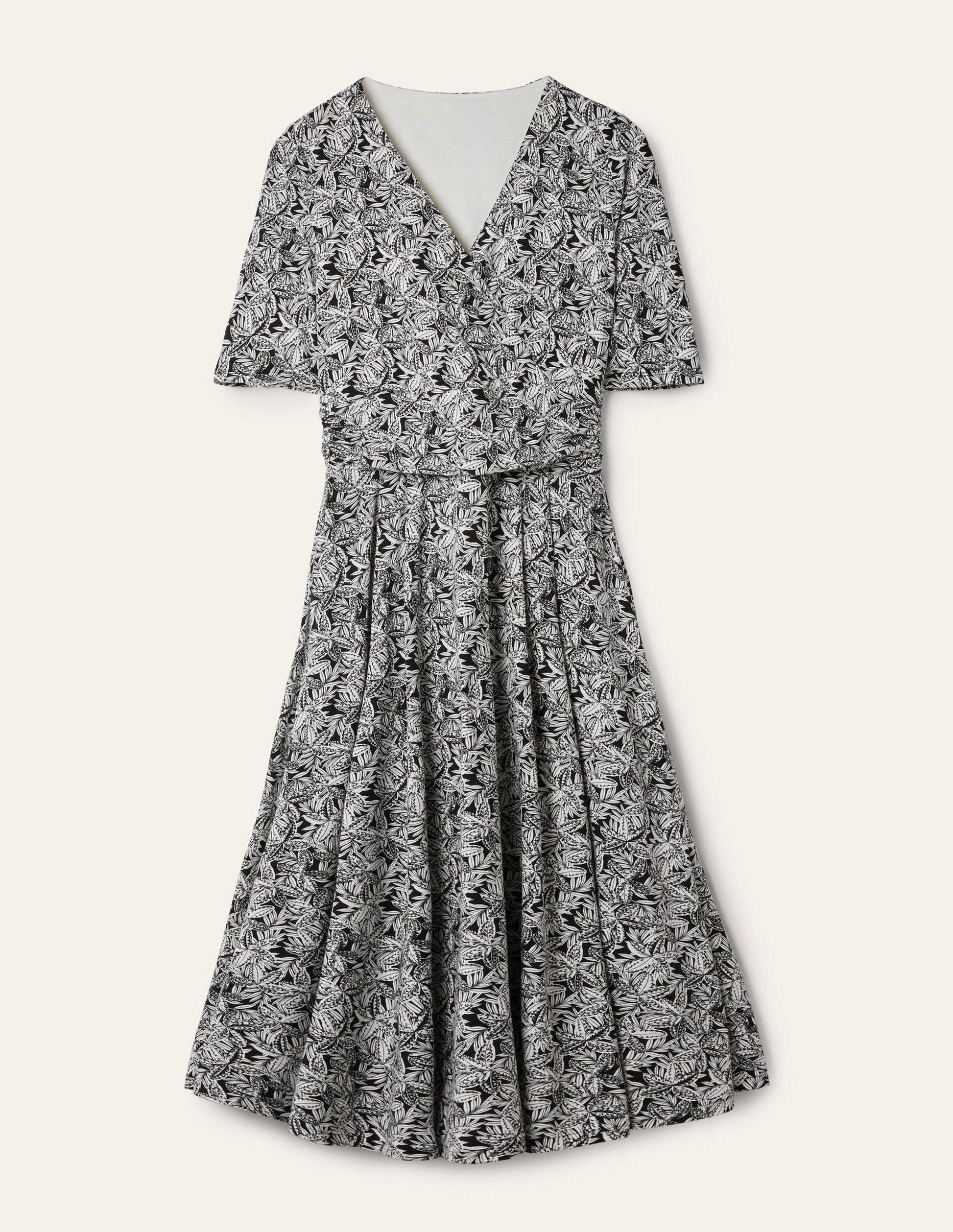 Midikleid aus Jersey mit geraffter Taille-Schwarz, Exotische Blätter-5