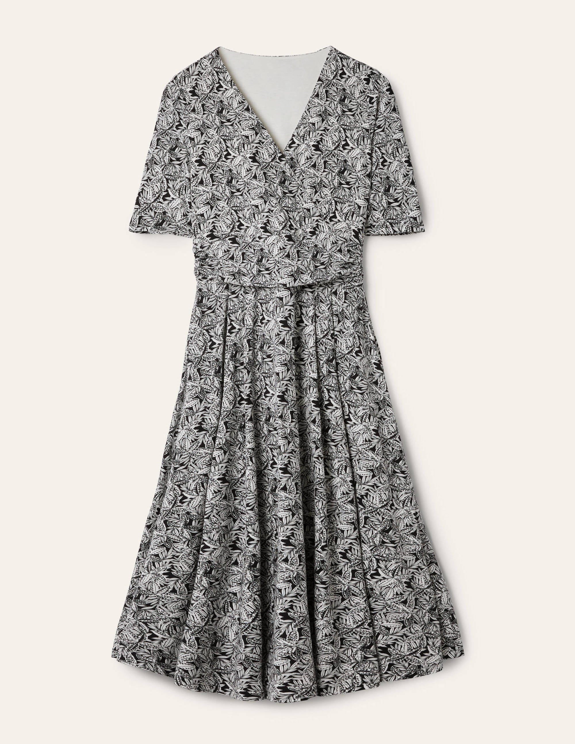 Midikleid aus Jersey mit geraffter Taille-Schwarz, Exotische Blätter - Image 5