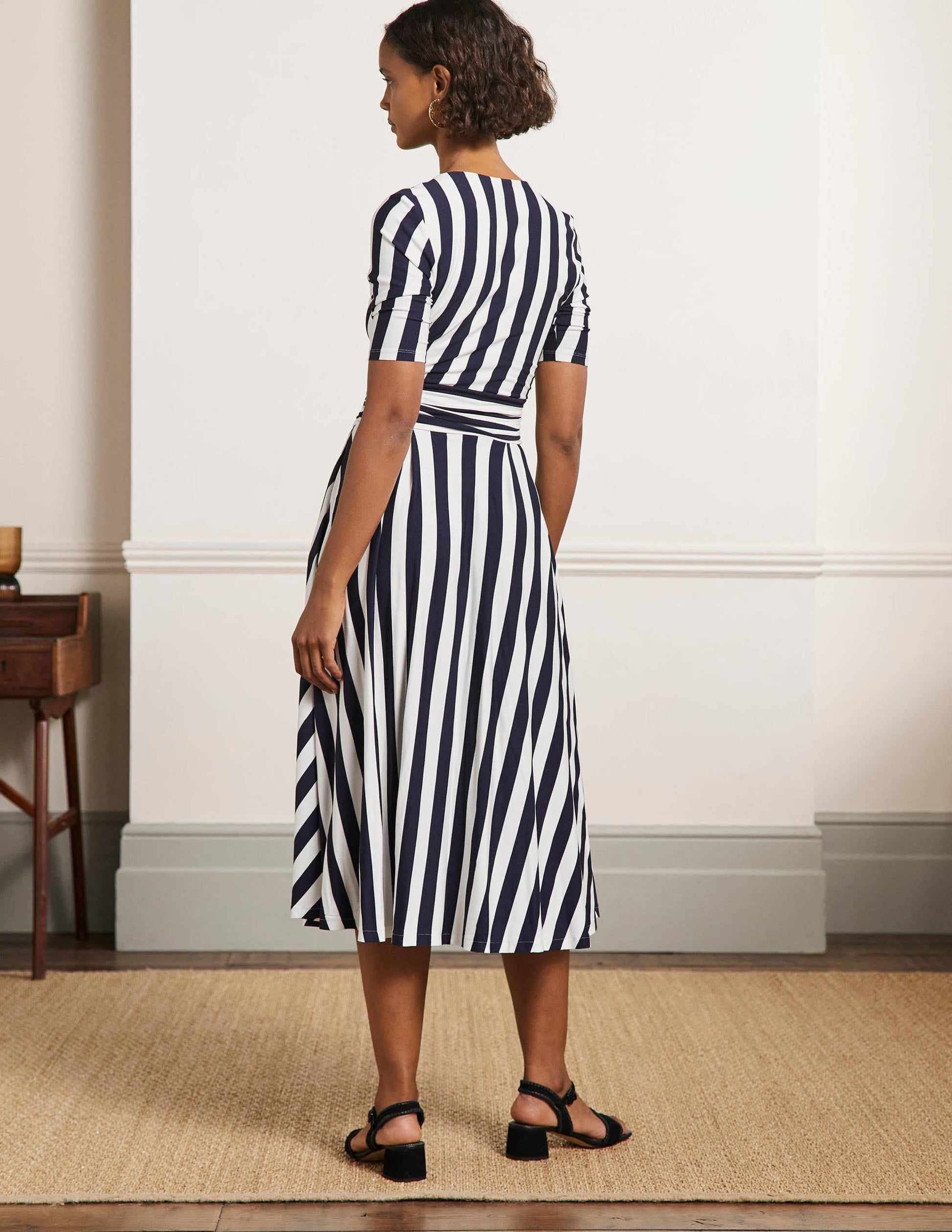 Midikleid aus Jersey mit geraffter Taille-Navy/Naturweiß, Gestreift-3