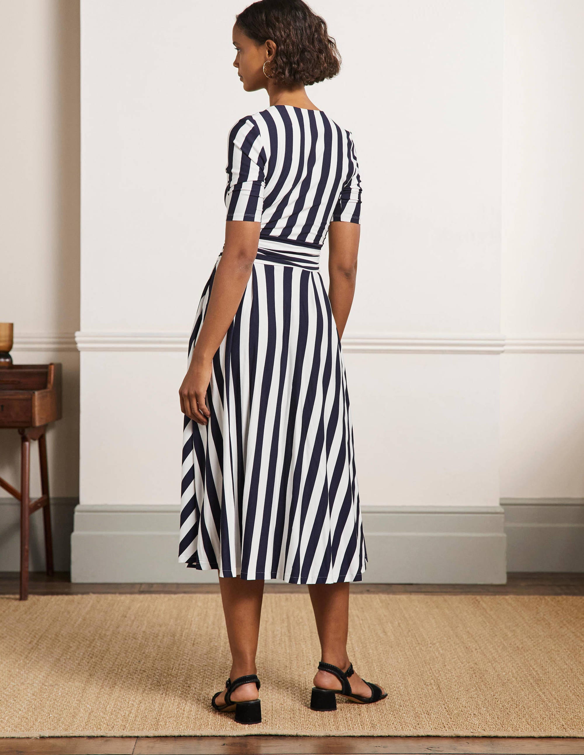 Midikleid aus Jersey mit geraffter Taille-Navy/Naturweiß, Gestreift - Image 3
