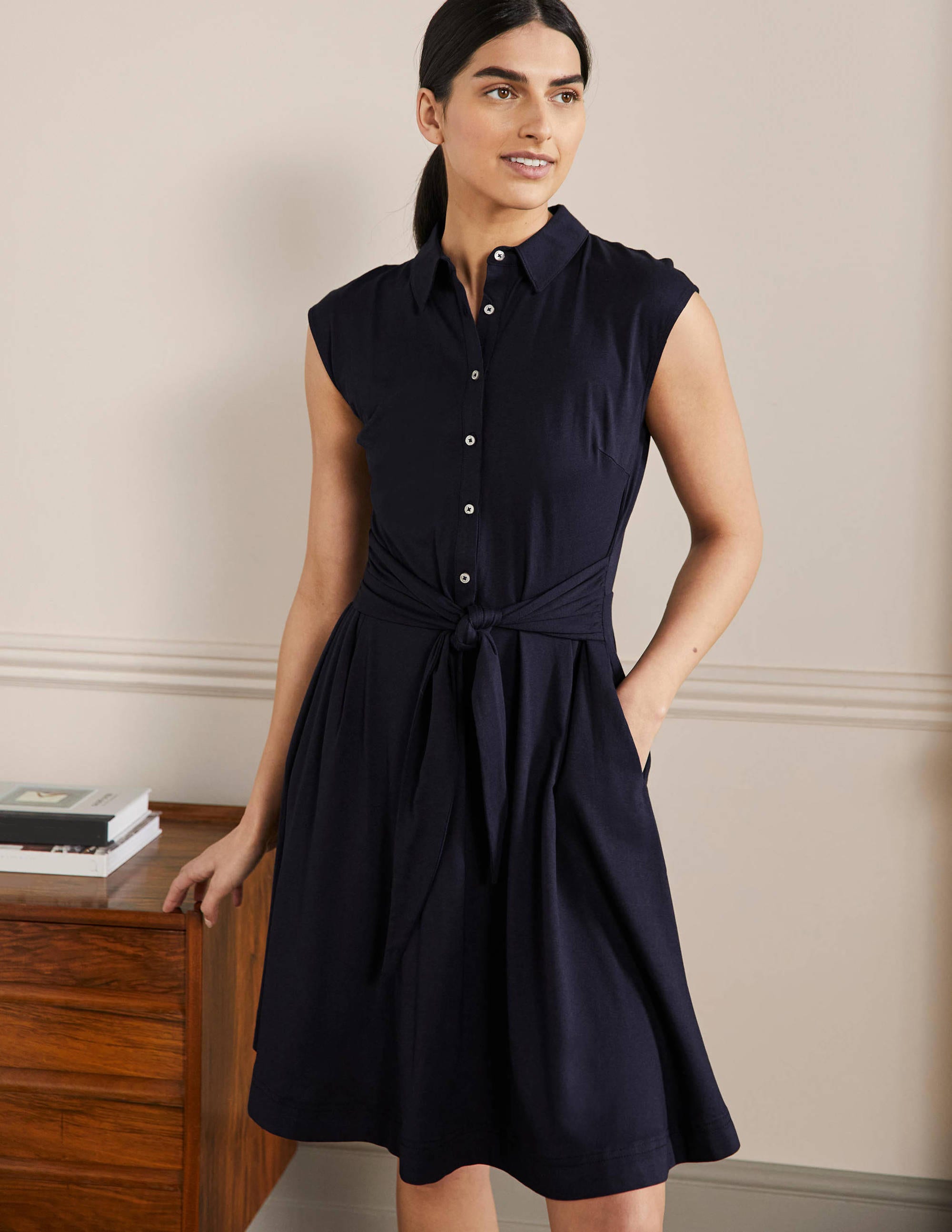 Tie Waist Jersey Shirt Dress-Navy - Image 1