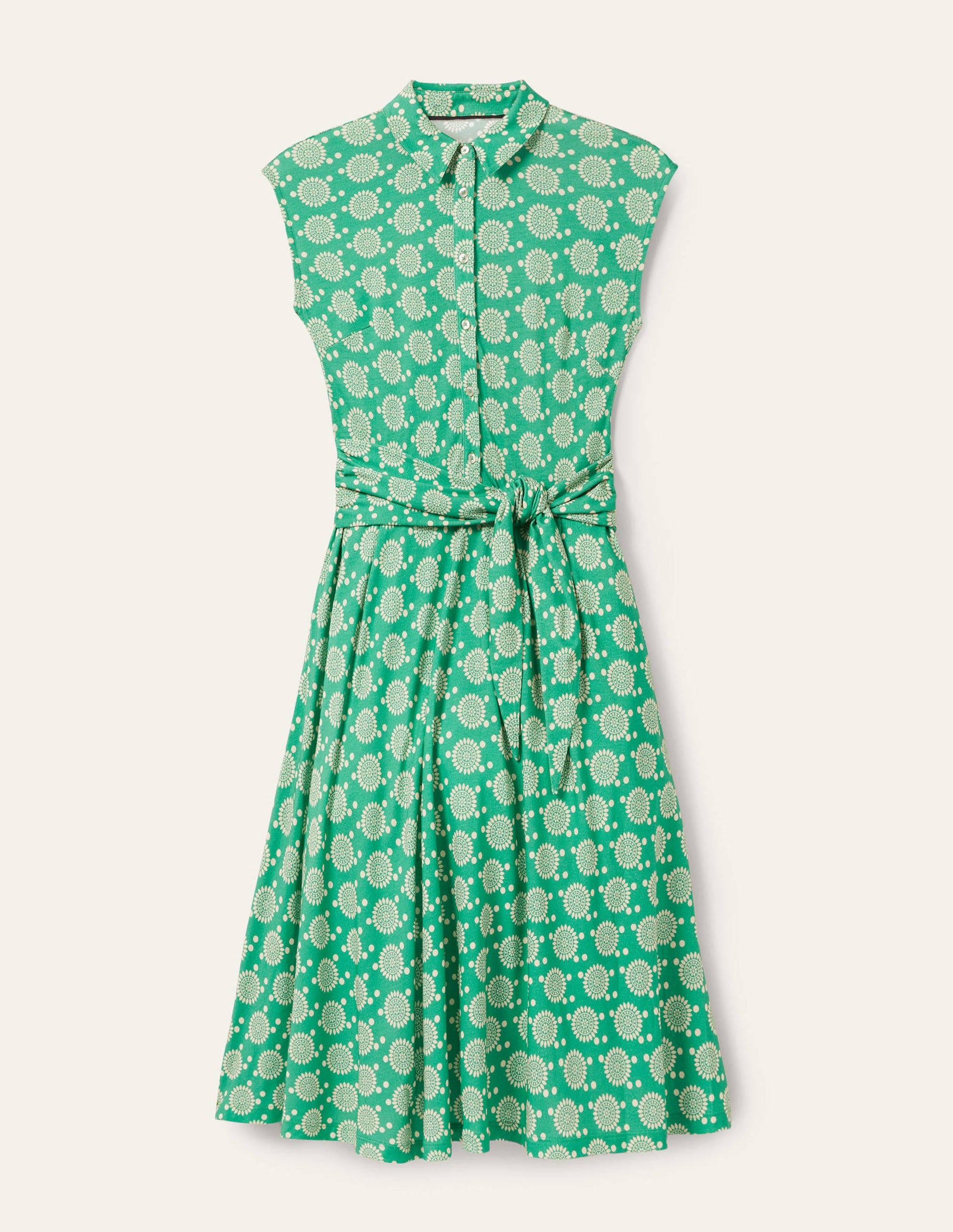 Tie Waist Jersey Shirt Dress-Rich Emerald, Sun Geo-5