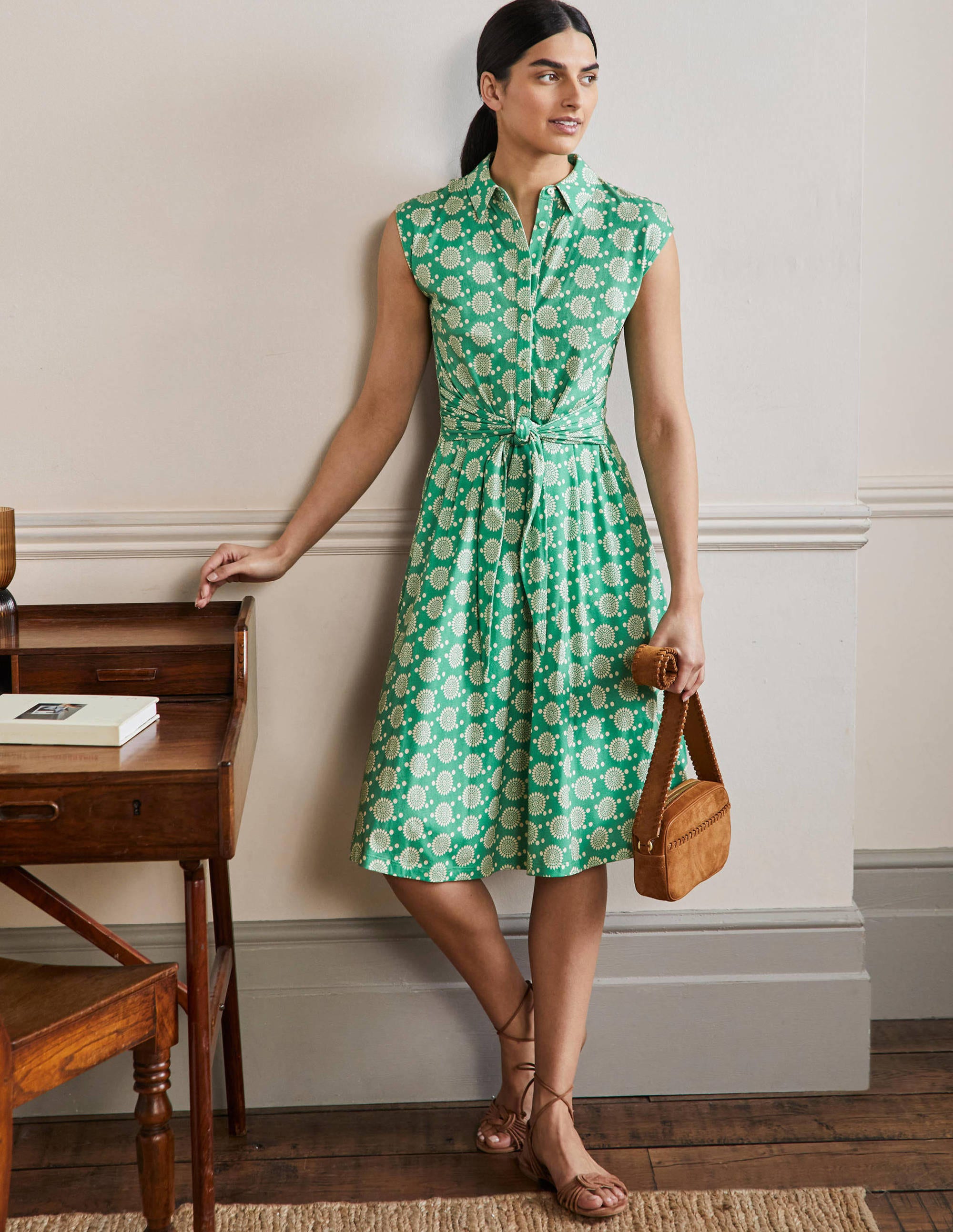 Tie Waist Jersey Shirt Dress-Rich Emerald, Sun Geo - Image 1