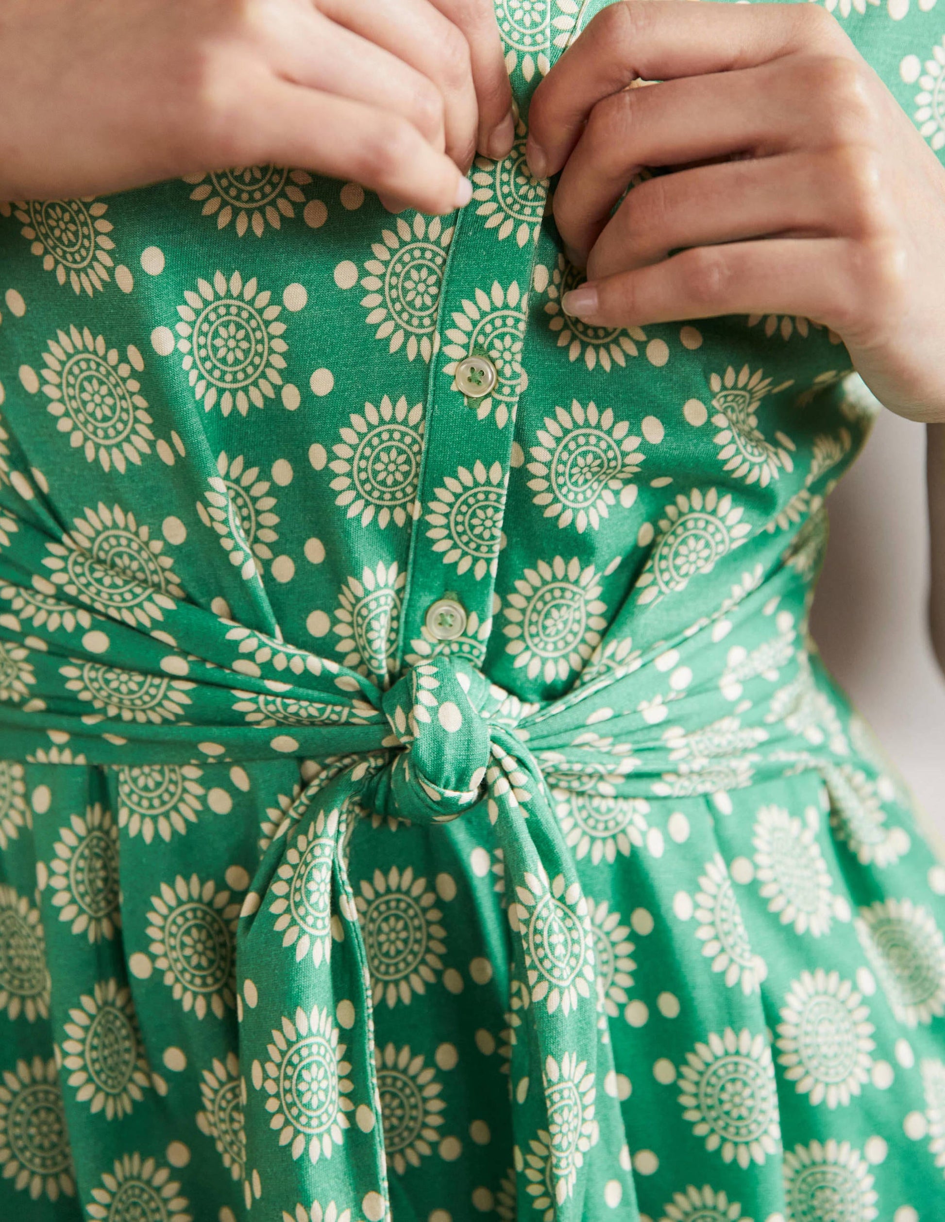 Tie Waist Jersey Shirt Dress-Rich Emerald, Sun Geo-2