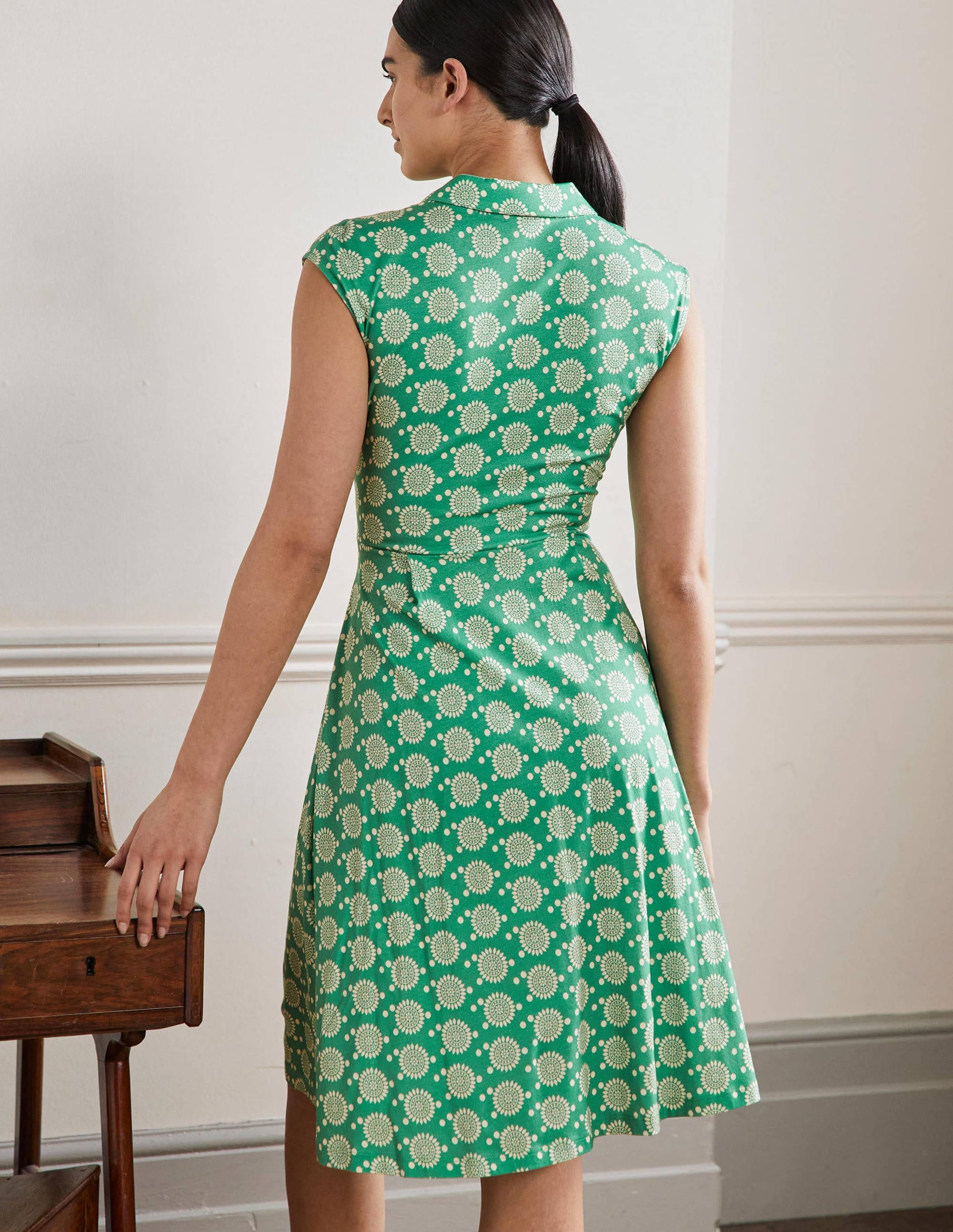 Tie Waist Jersey Shirt Dress-Rich Emerald, Sun Geo-3