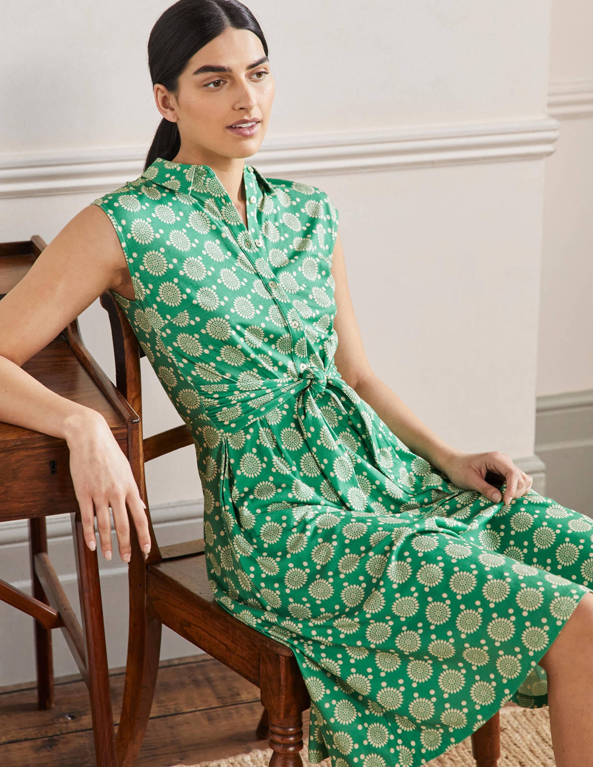 Tie Waist Jersey Shirt Dress-Rich Emerald, Sun Geo - Image 4