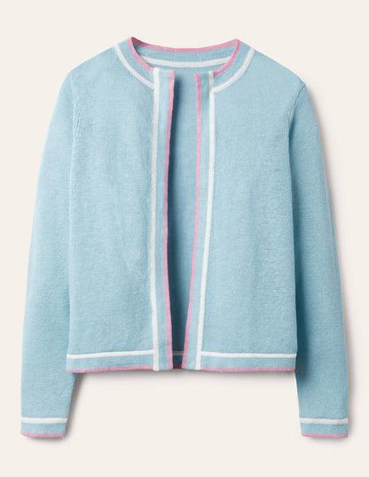 Leinencardigan mit Streifenborten-Graublau