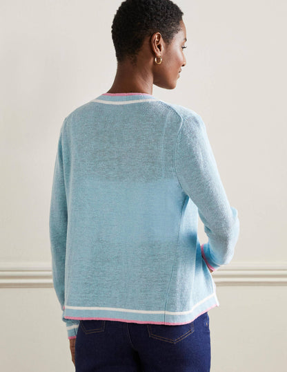 Leinencardigan mit Streifenborten-Graublau