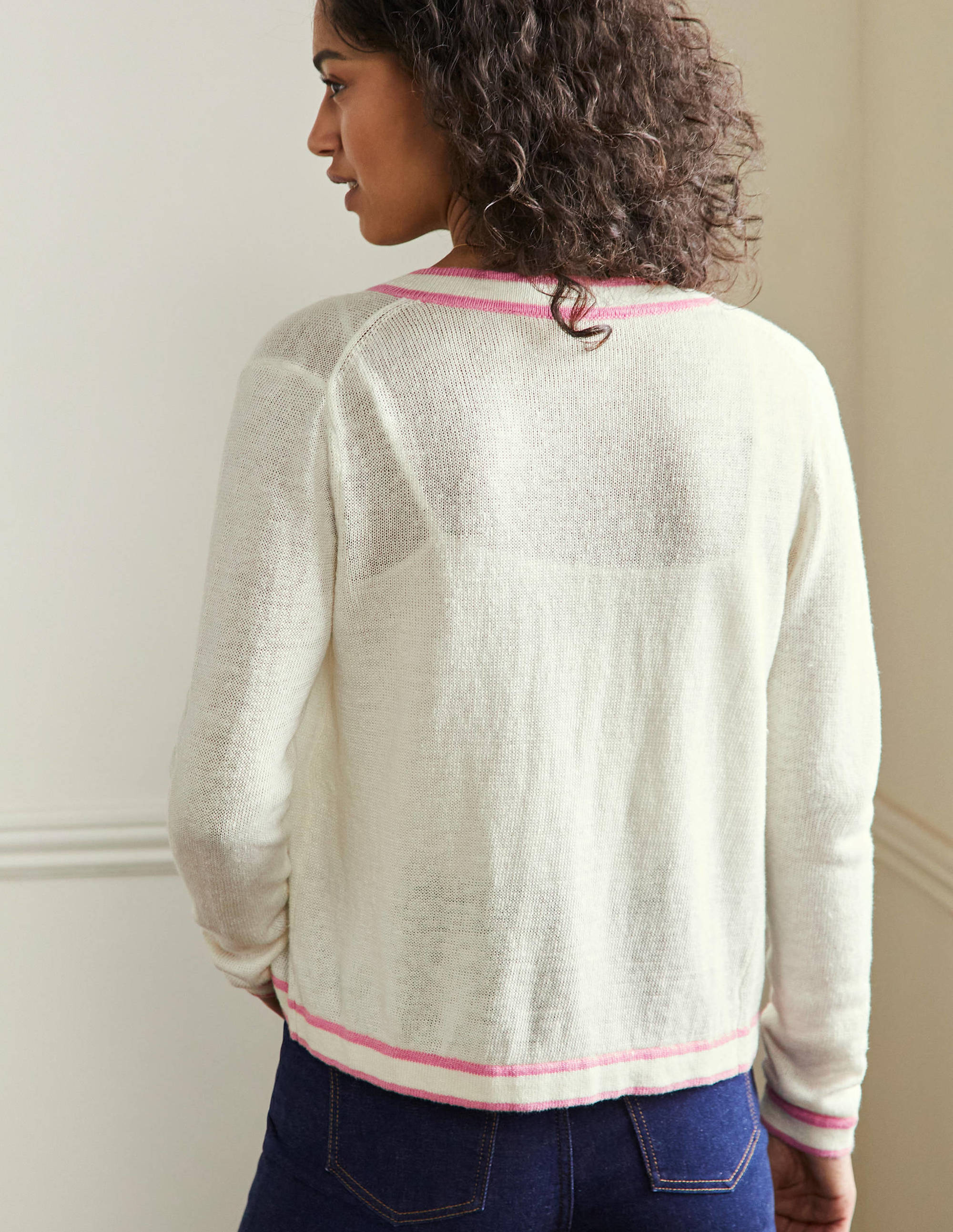 Stripe Trim Linen Cardigan-Ivory - Image 3