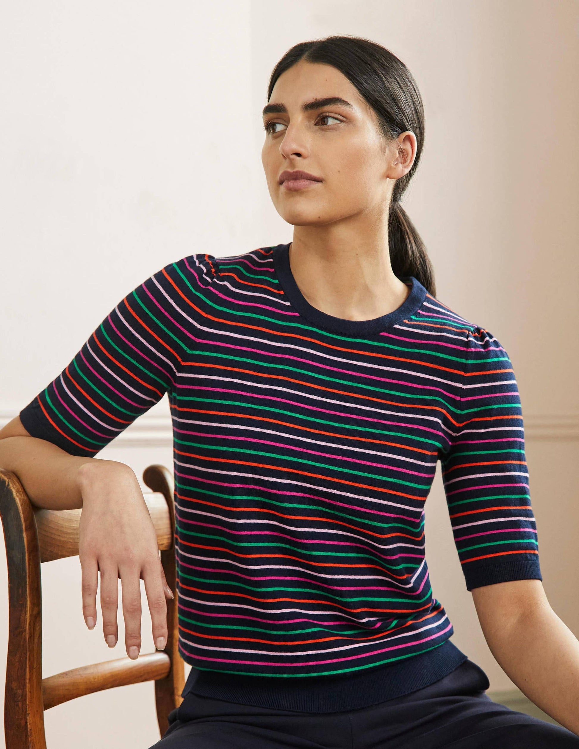 Cotton Crew Knitted Top-Navy, Multi Stripe-1