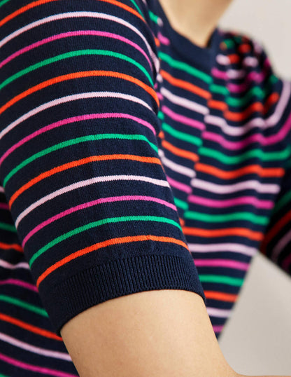 Cotton Crew Knitted Top-Navy, Multi Stripe-2