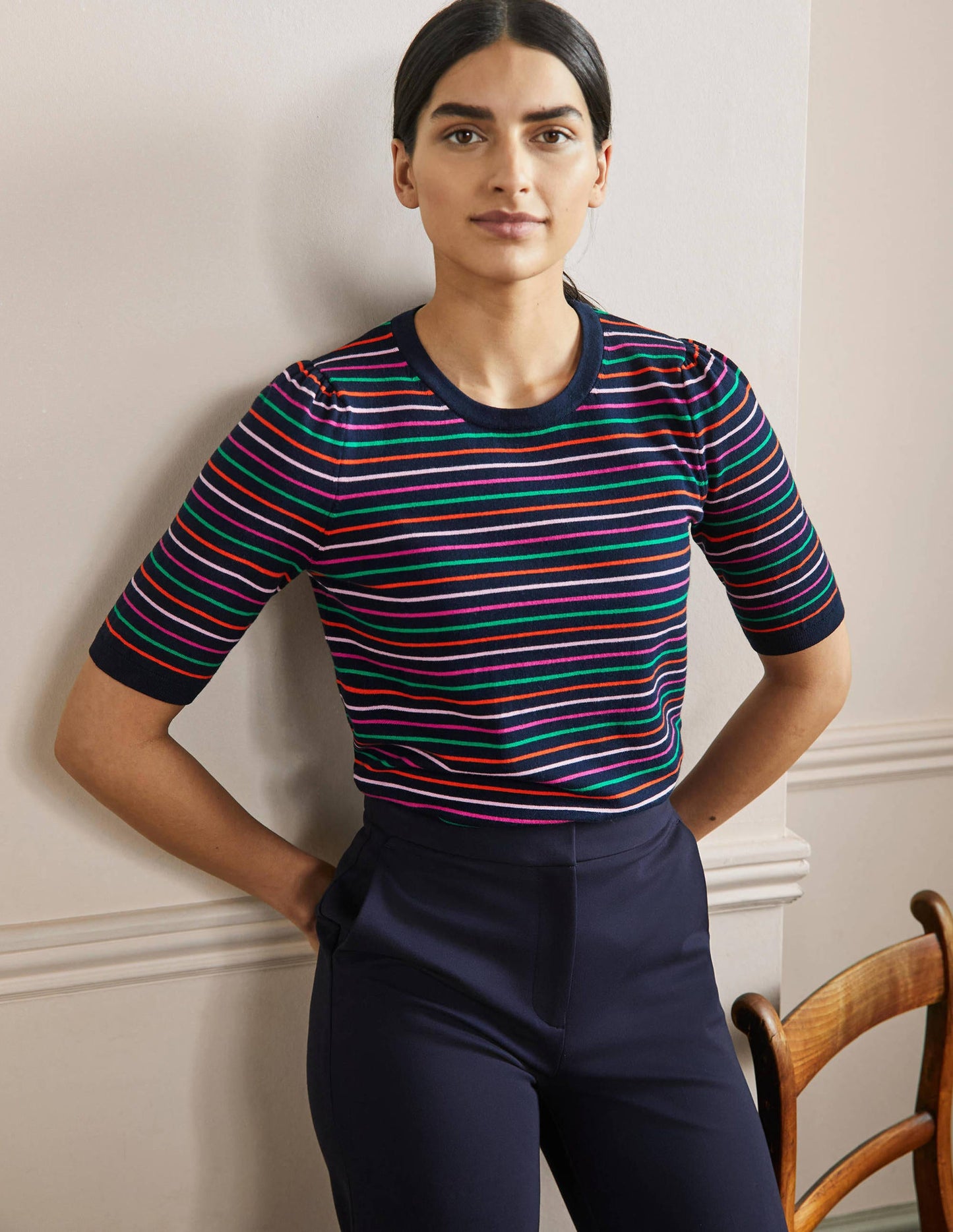 Cotton Crew Knitted Top-Navy, Multi Stripe