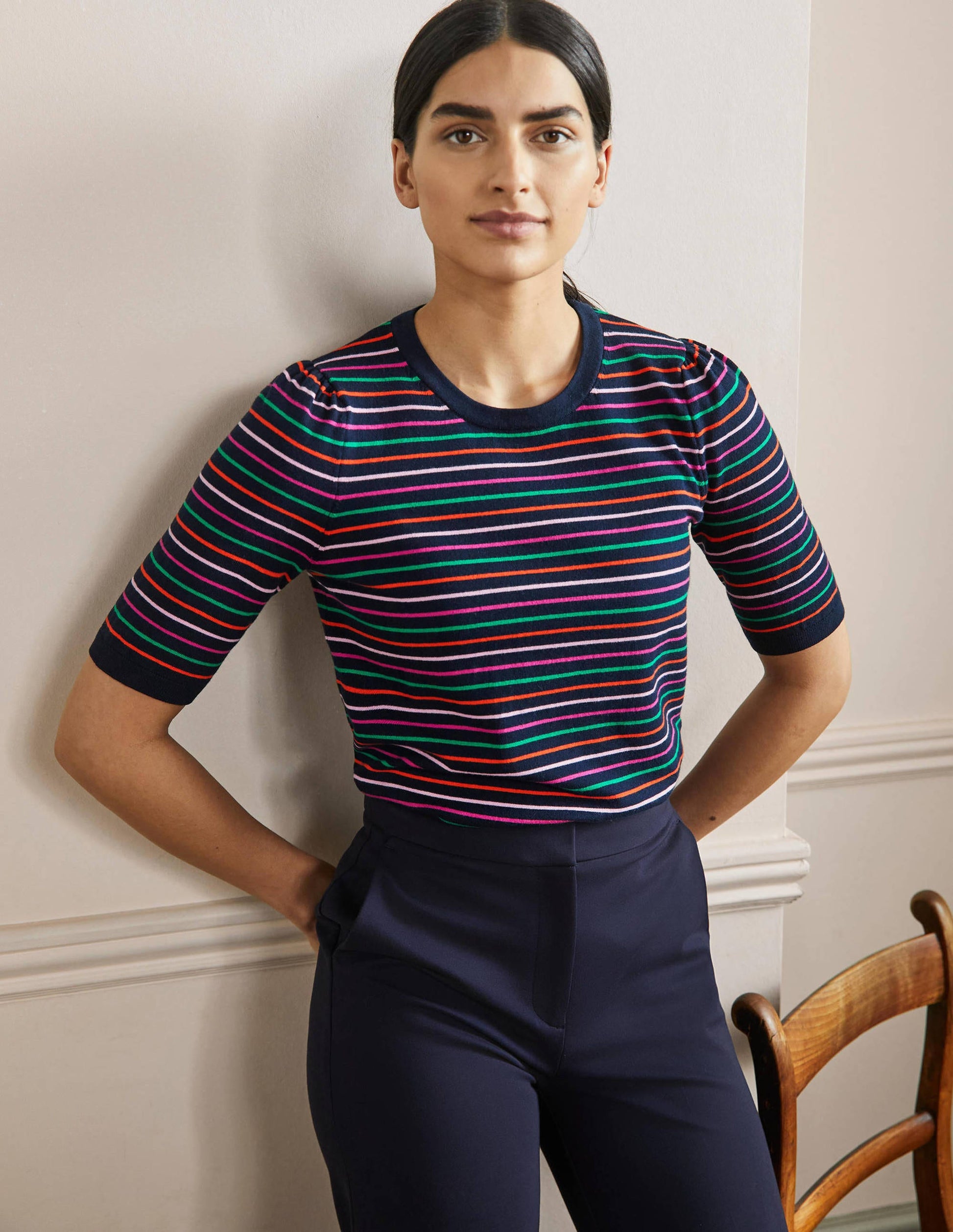 Cotton Crew Knitted Top-Navy, Multi Stripe-4