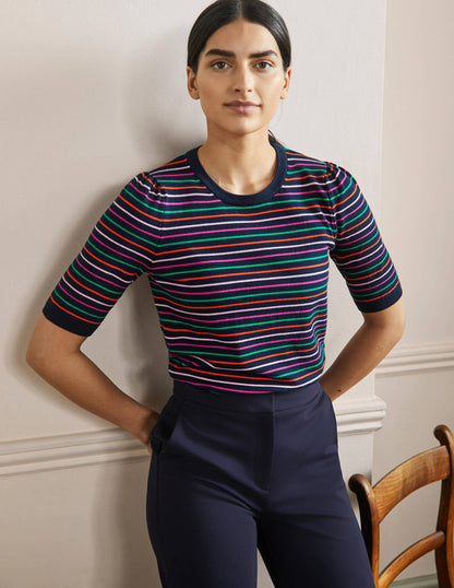 Cotton Crew Knitted Top-Navy, Multi Stripe-4