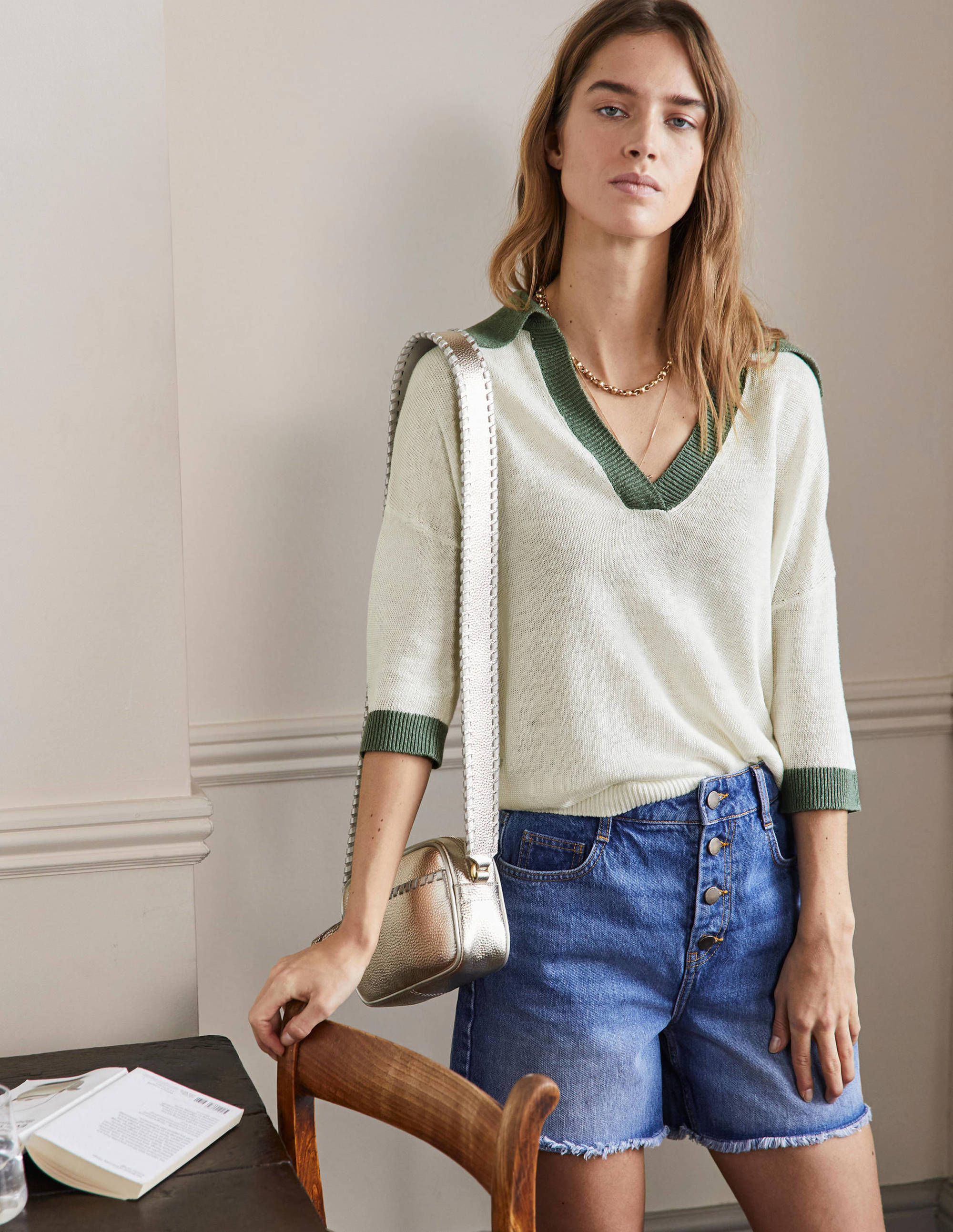 Pull en lin avec col-Ivoire, aulne - Image 1