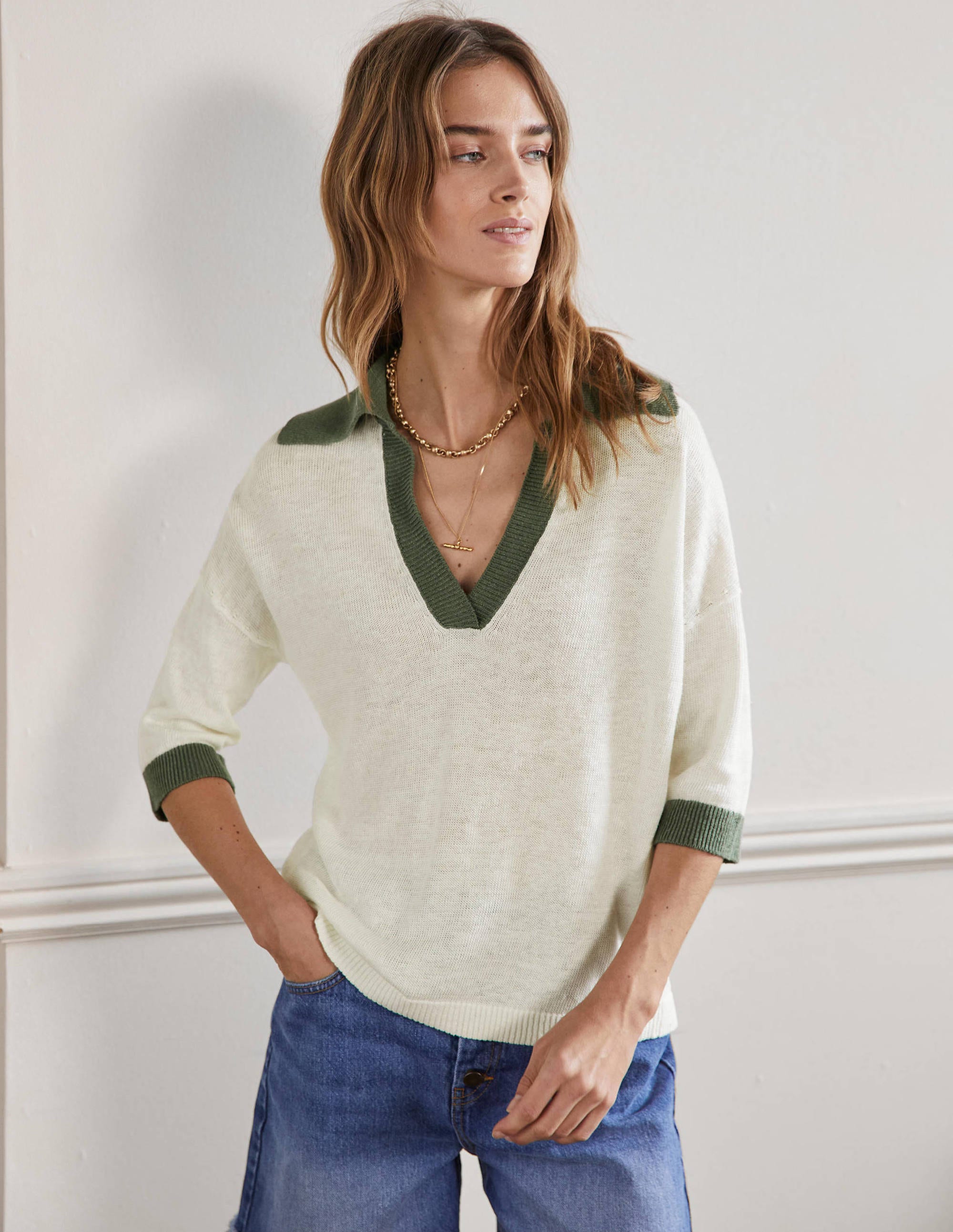 Pull en lin avec col-Ivoire, aulne - Image 4