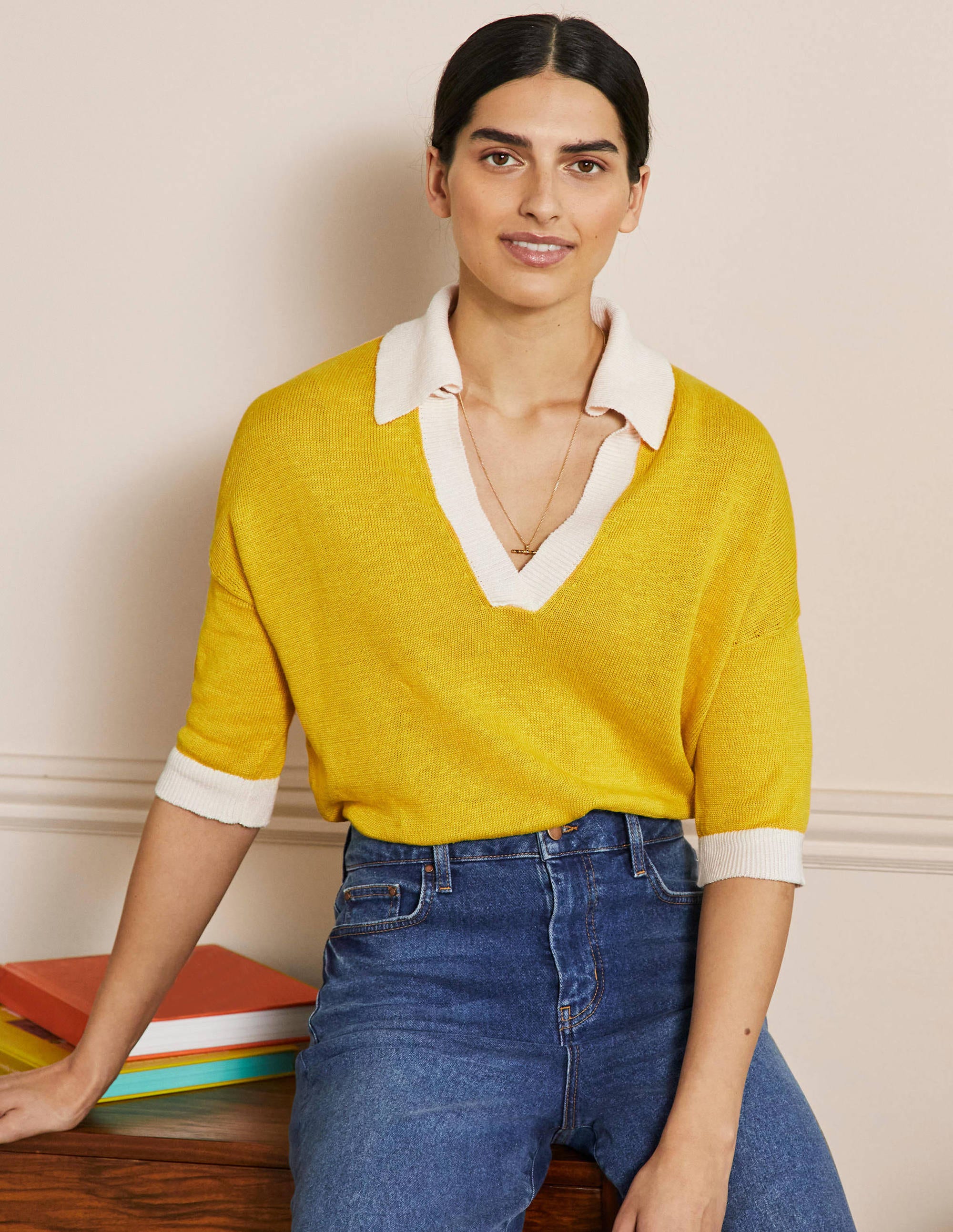 Leinenpullover mit Kragen-Rauchgelb/Naturweiß - Image 1