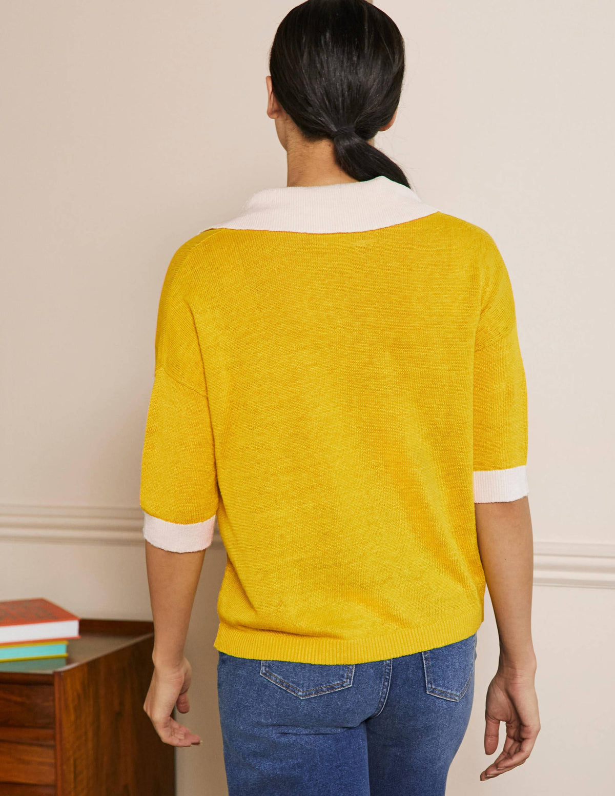 Leinenpullover mit Kragen-Rauchgelb/Naturweiß - Image 3