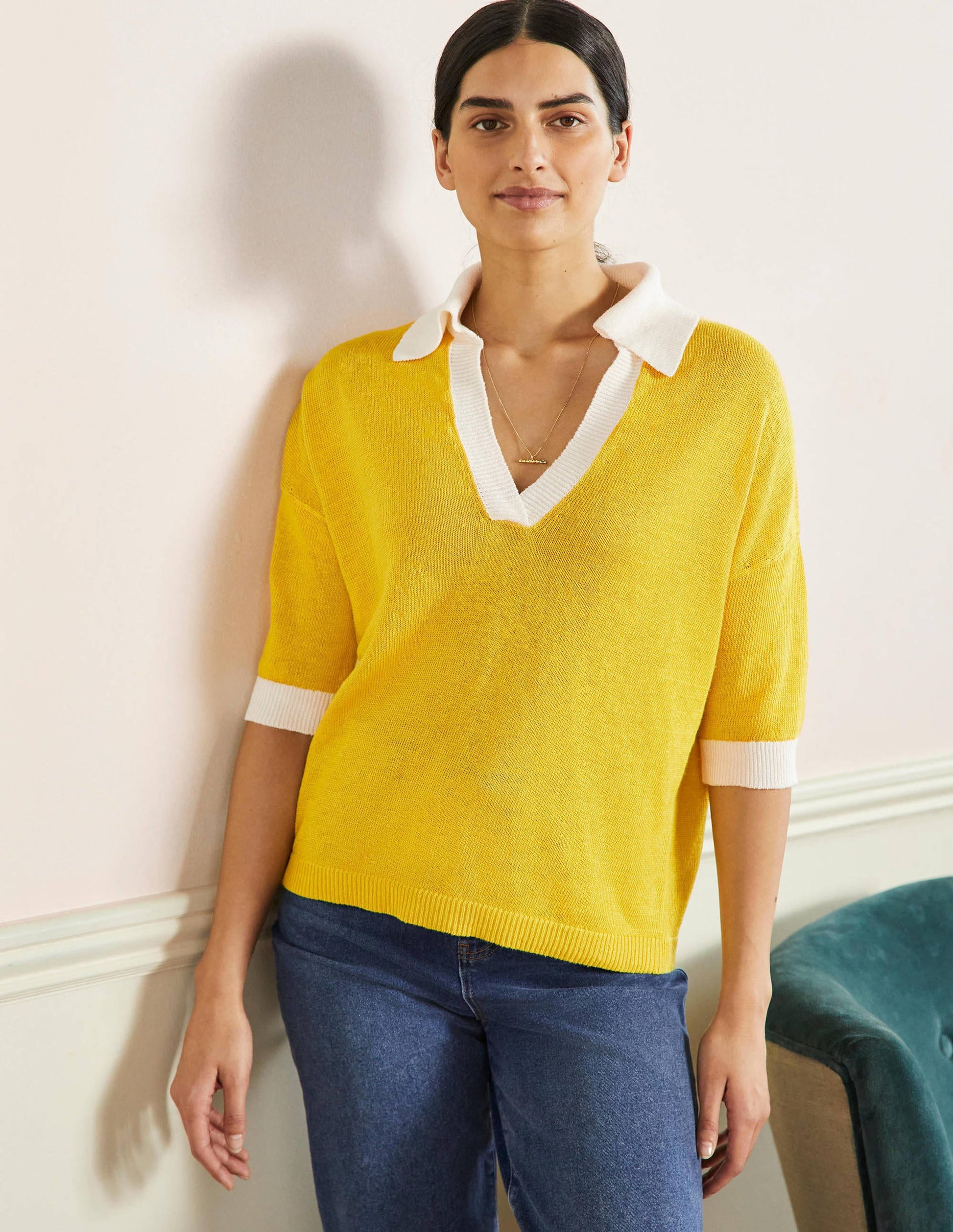 Leinenpullover mit Kragen-Rauchgelb/Naturweiß-4