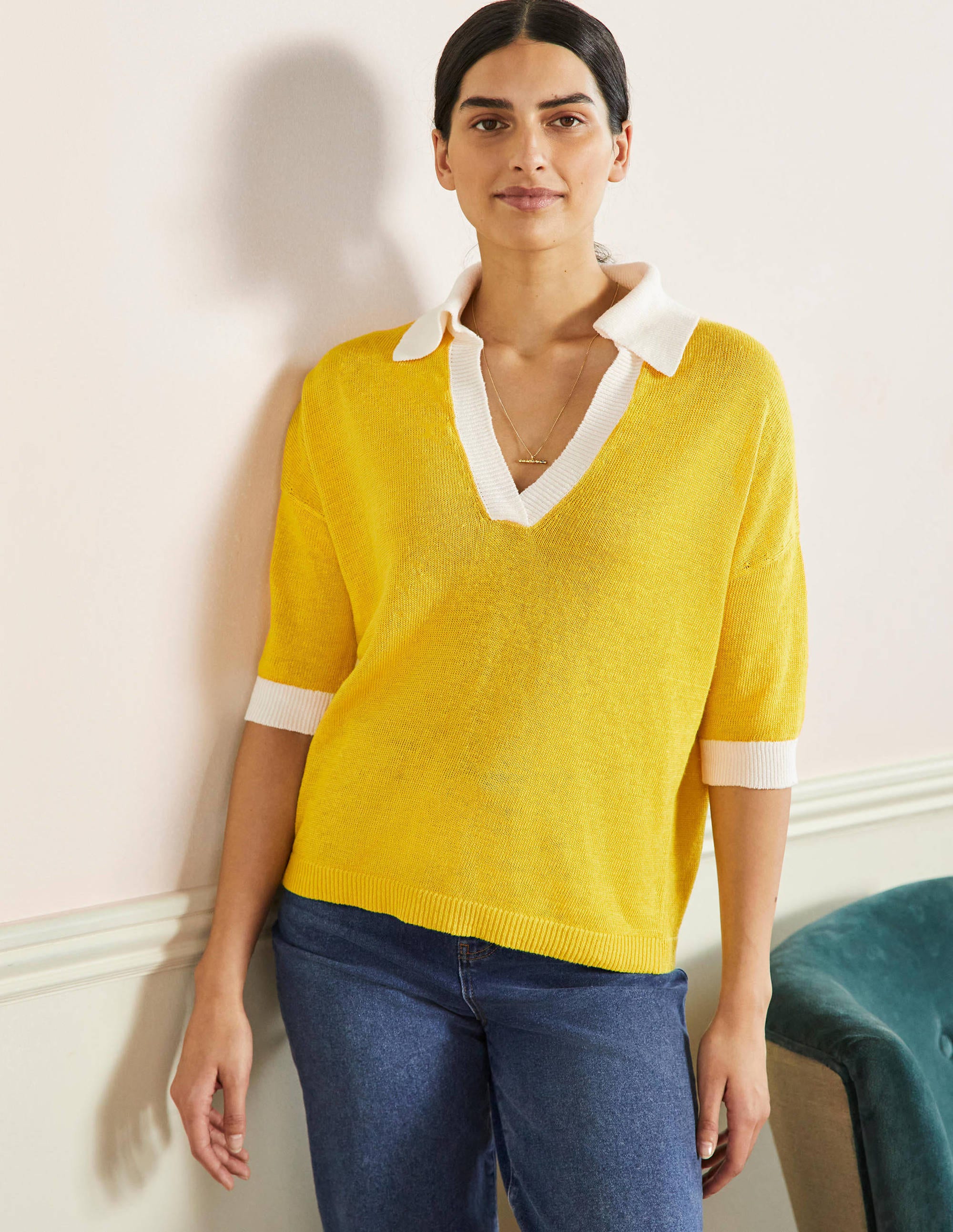 Leinenpullover mit Kragen-Rauchgelb/Naturweiß - Image 4