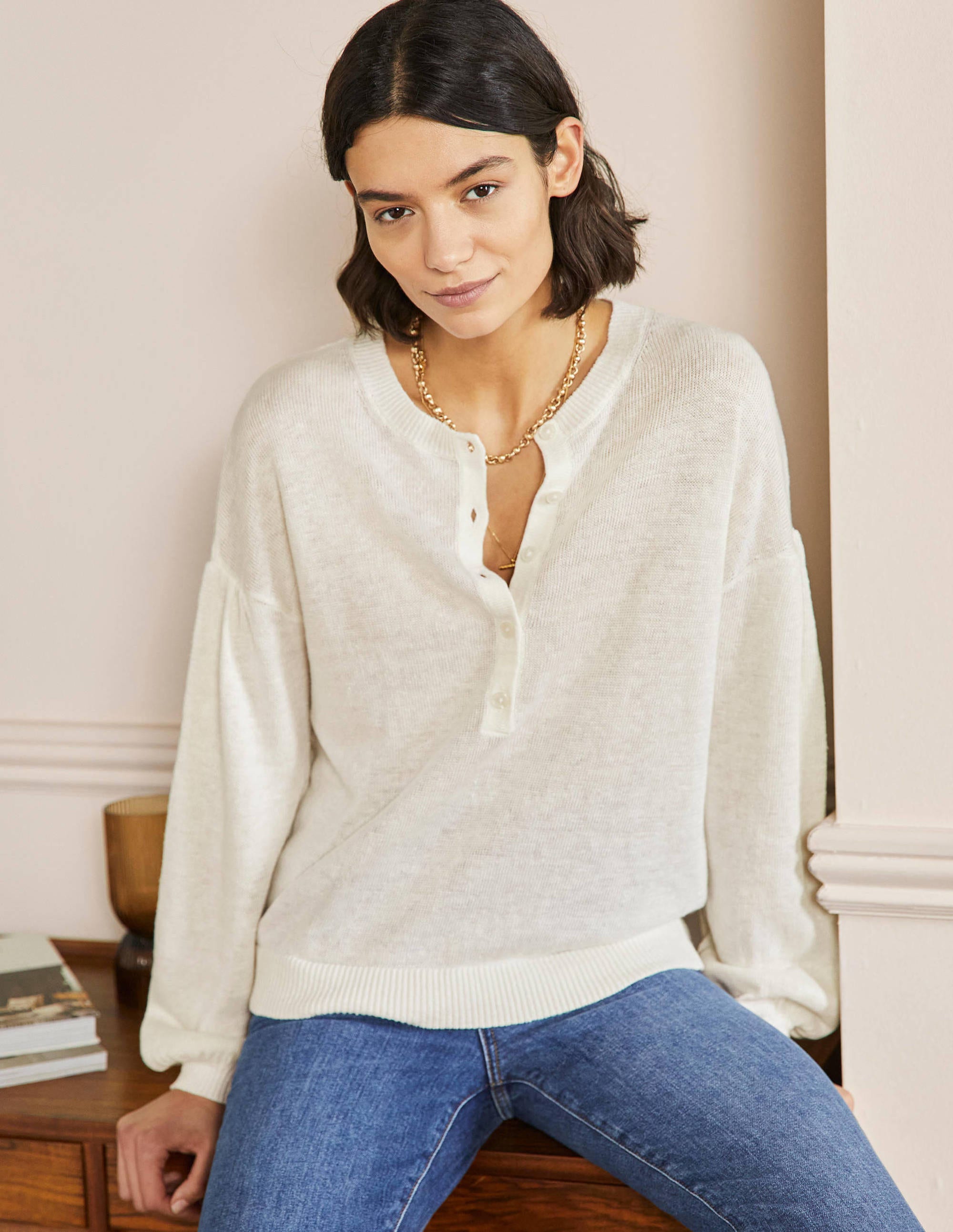 Leandra Linen Henley Jumper-Ivory - Image 4
