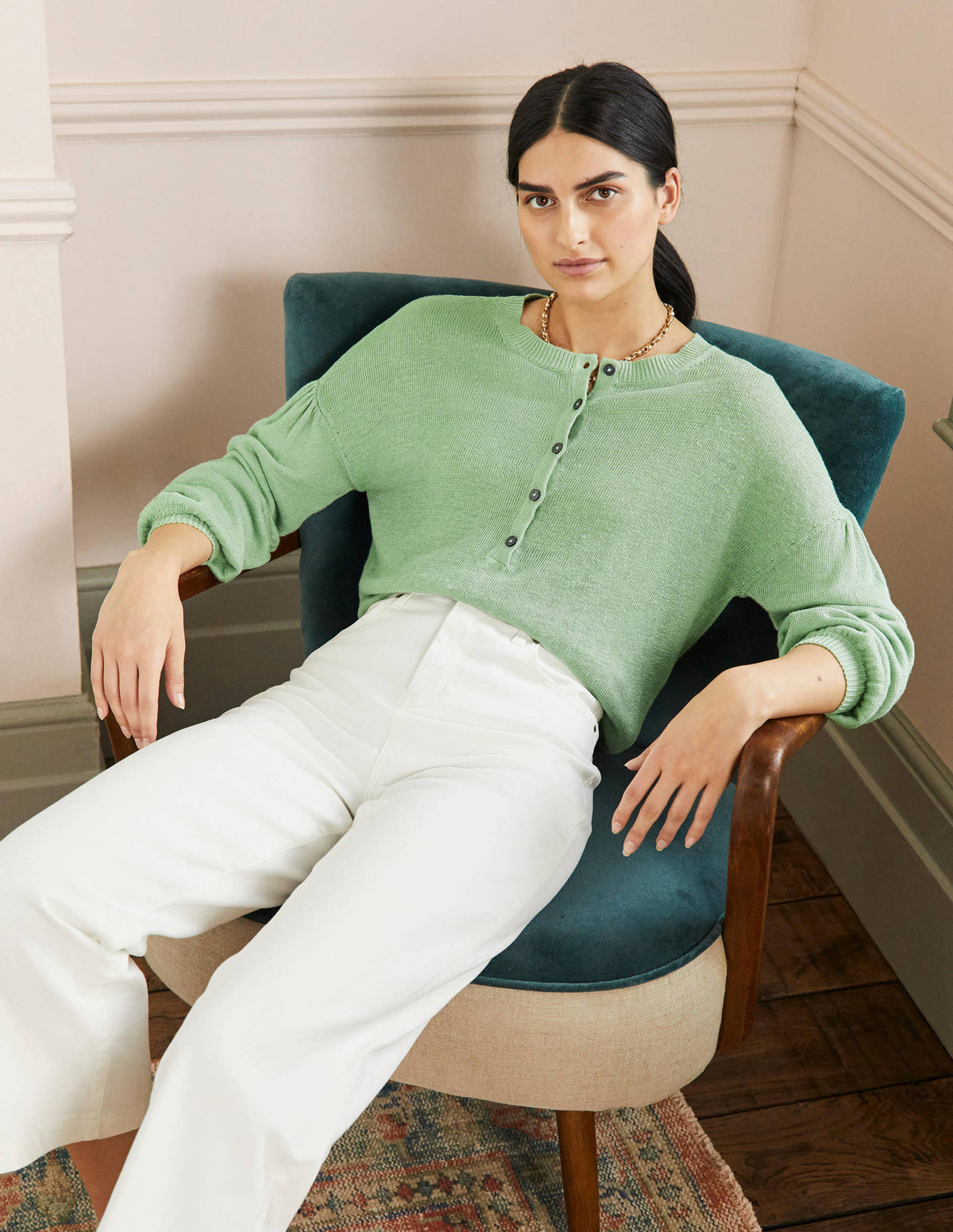 Leandra Henley-Pullover aus Leinen-Basilikumgrün - Image 4