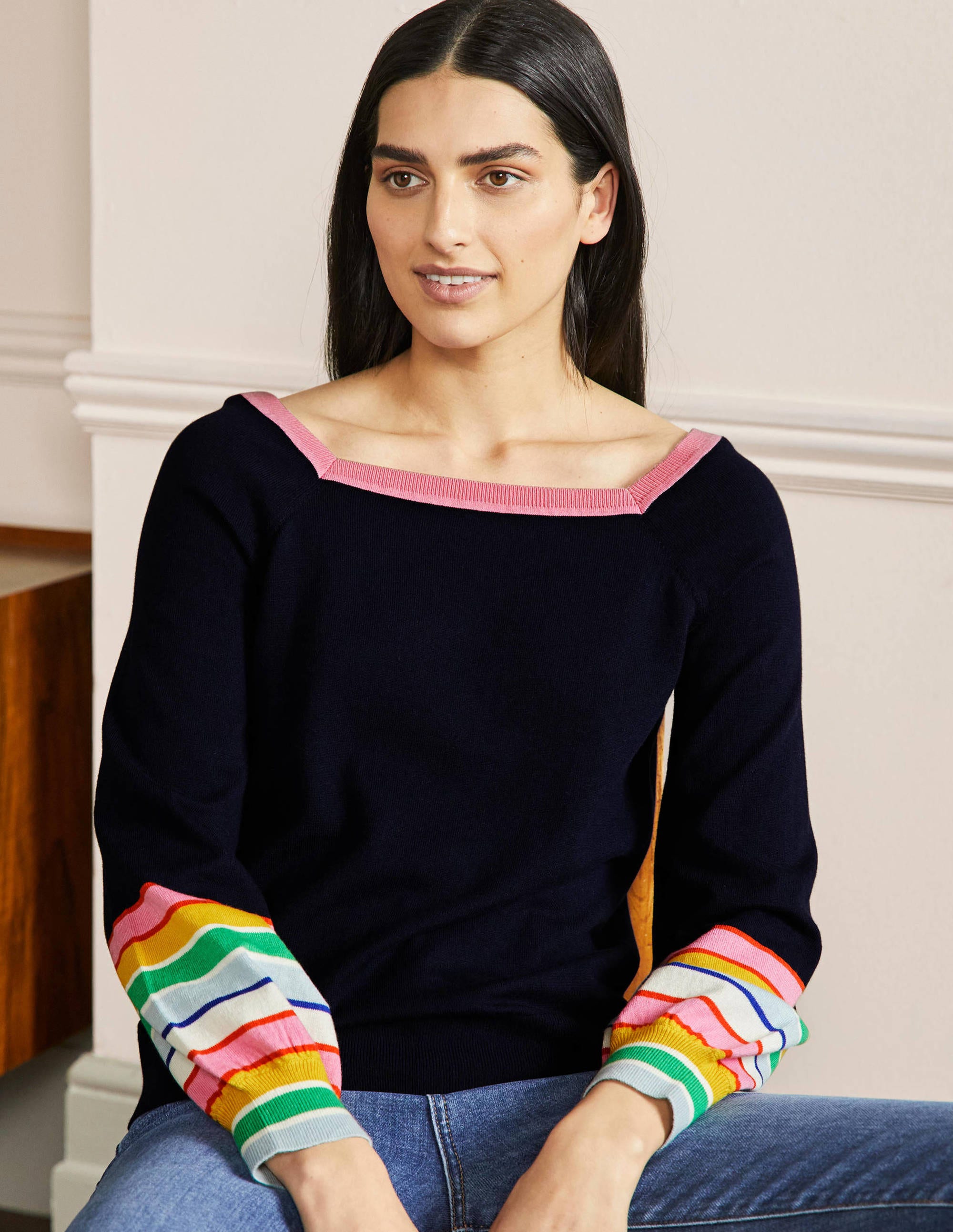 Gestreifter Pullover mit eckigem Ausschnitt-Marineblau - Image 1