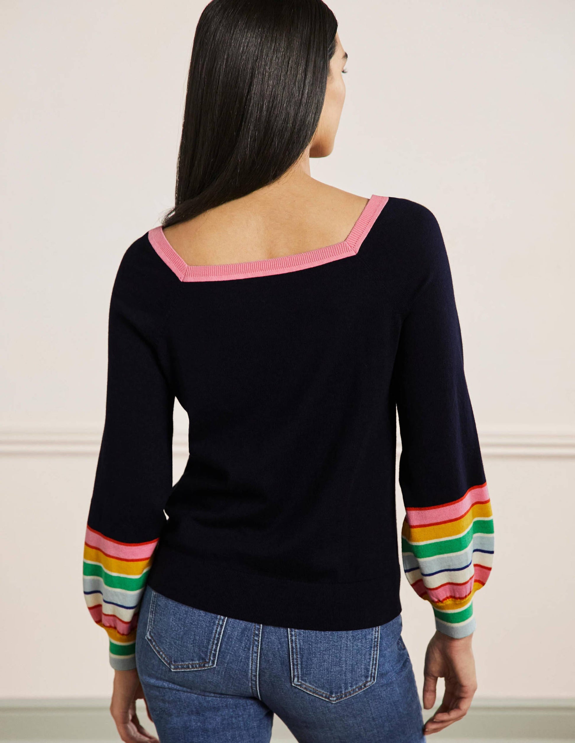 Gestreifter Pullover mit eckigem Ausschnitt-Marineblau-3
