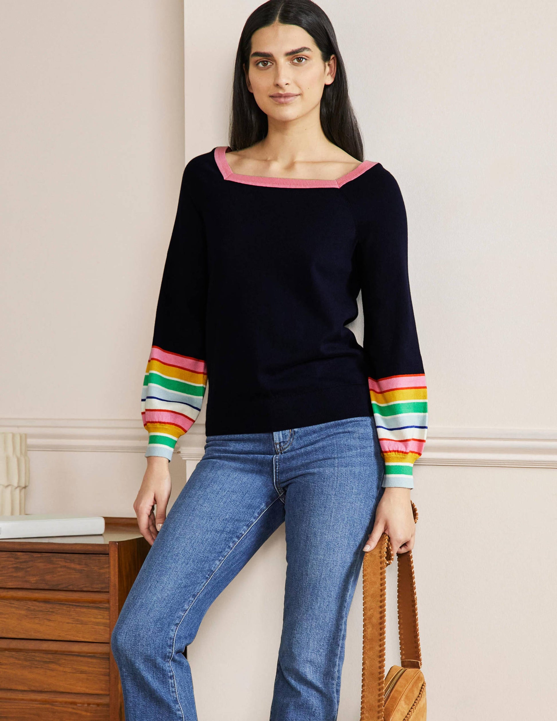 Gestreifter Pullover mit eckigem Ausschnitt-Marineblau-4