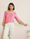 Pull rayé à col carré-Rose sachet